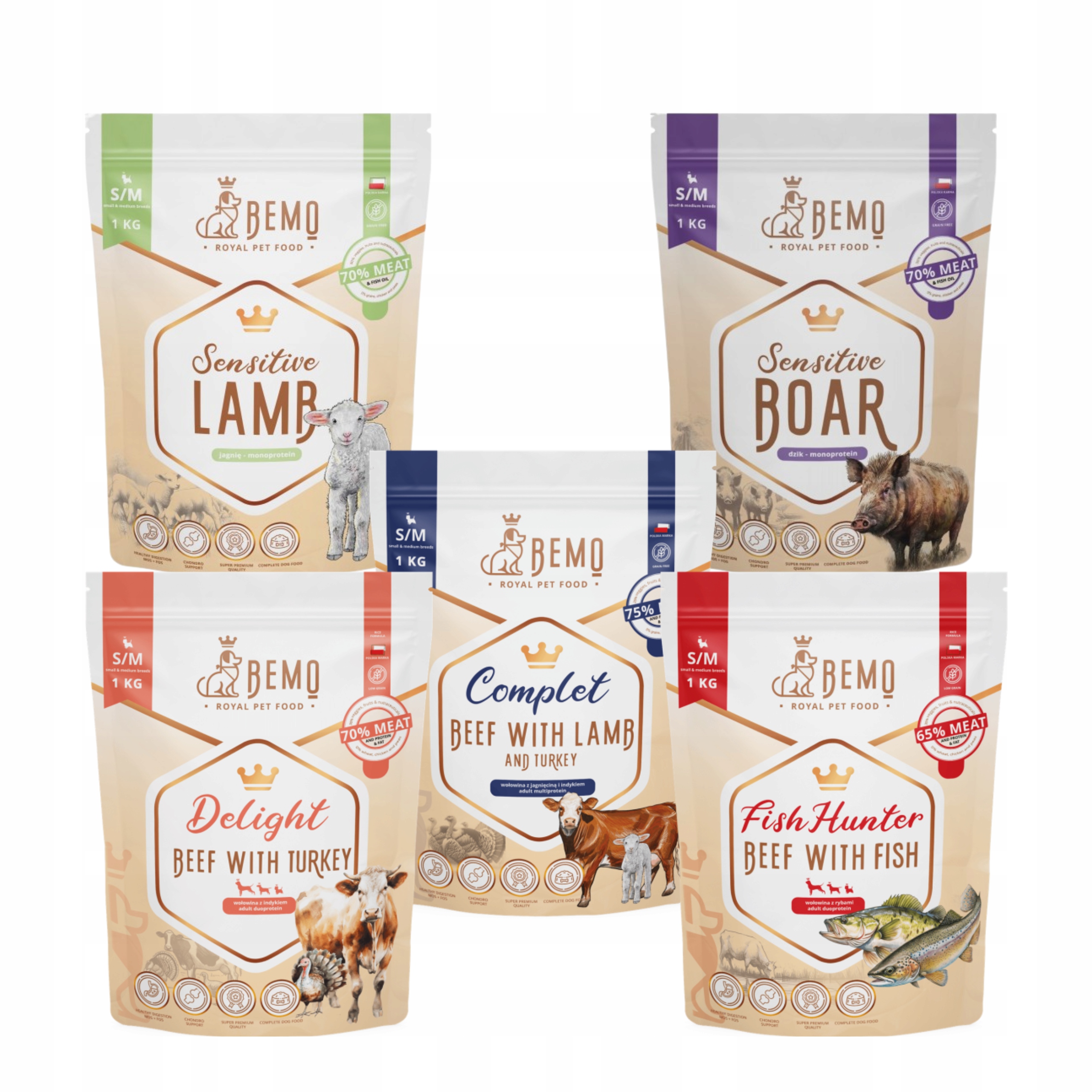 Levně Suché krmivo pro psy Bemo 5 x 1 kg S/m Degustační Set mix chutí