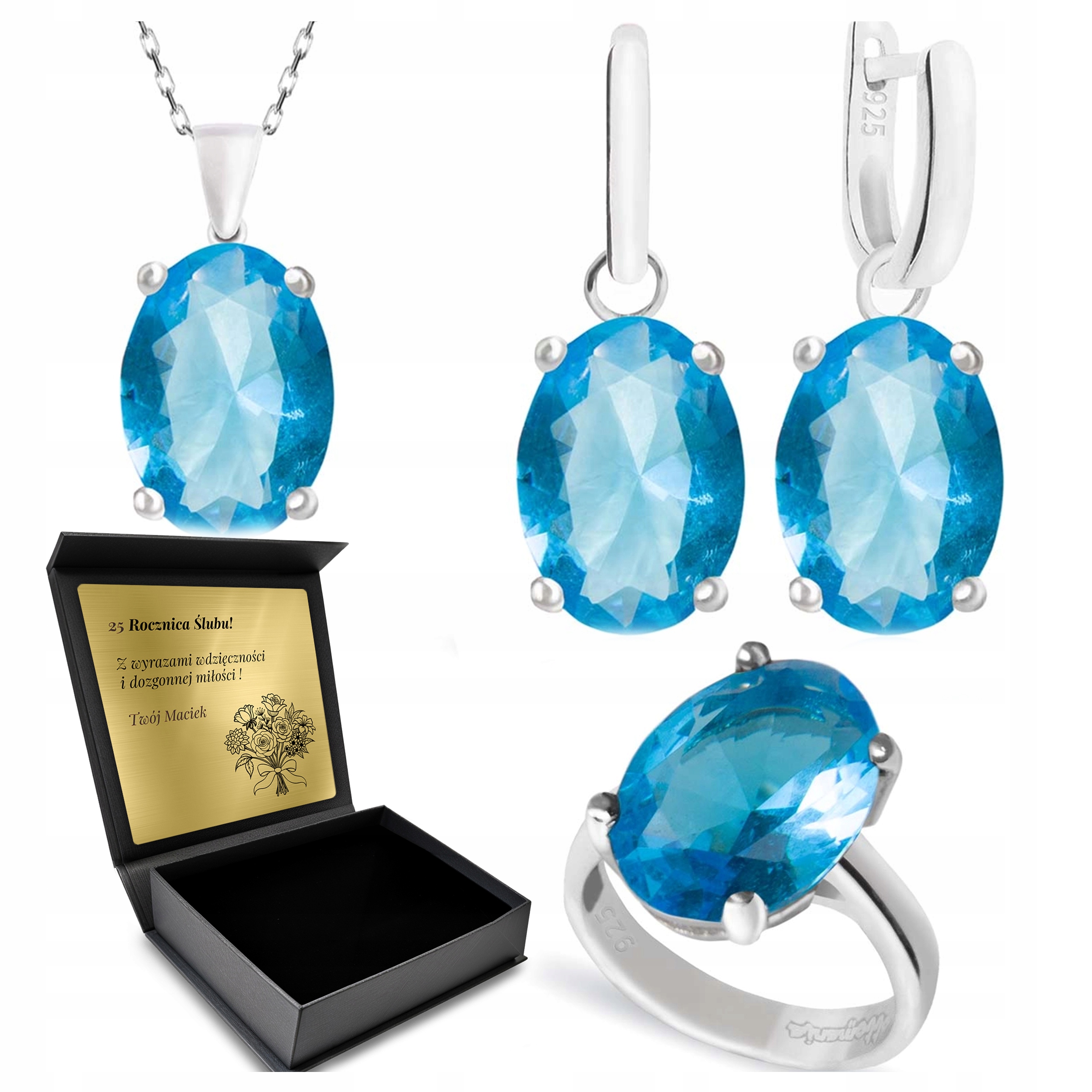 Sada Stříbrných Šperků 925 S Modrým Topazem pro ženy Gravírování
