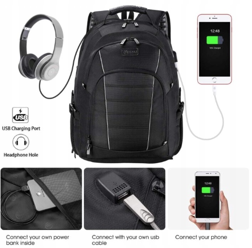 Plecak Szkolny Torba Na Laptopa Tornister podróżny turystyczny czarny Usb
