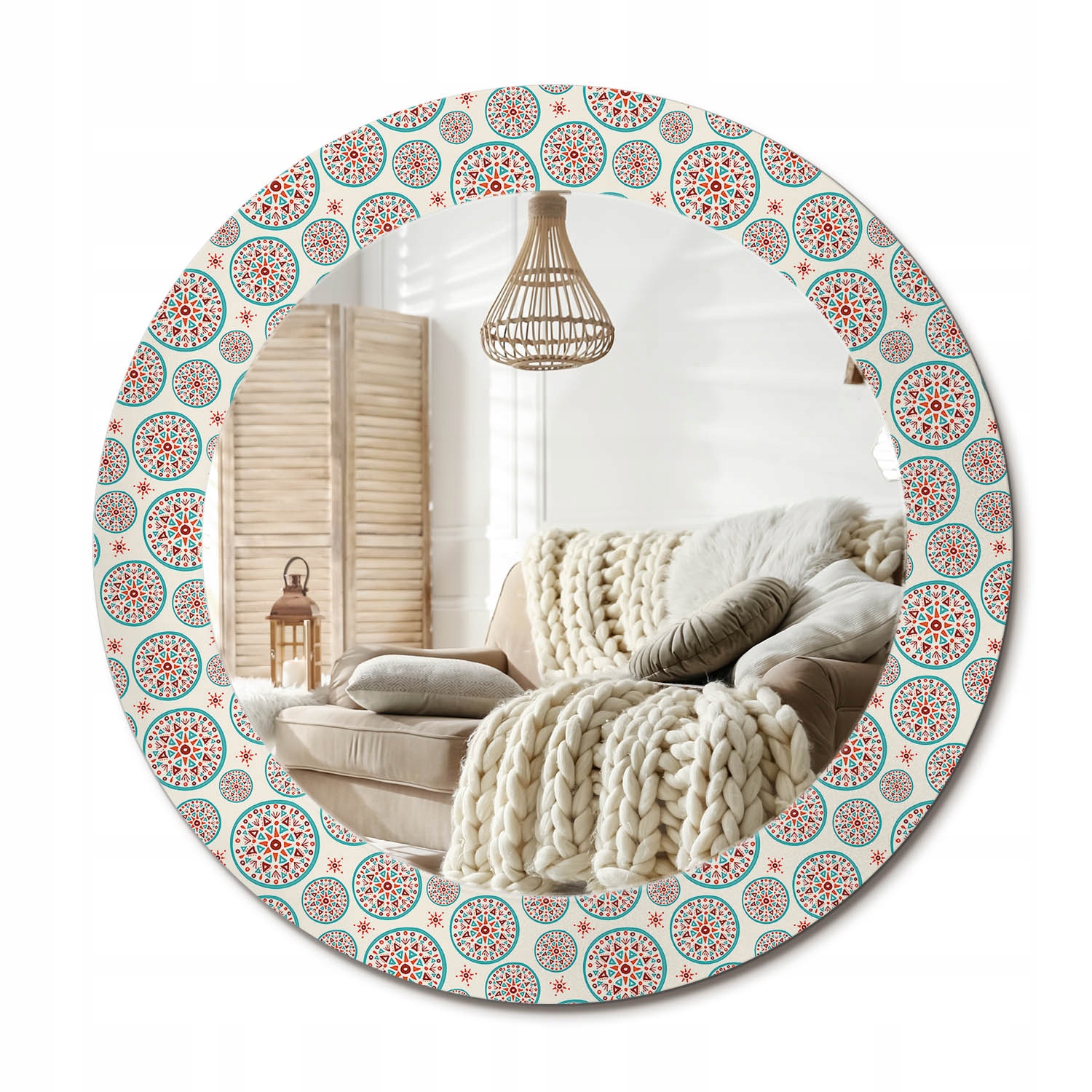 Okrúhle ozdobné zrkadlo na zavesenie na stenu v dome, boho vzor, priemer 60 cm