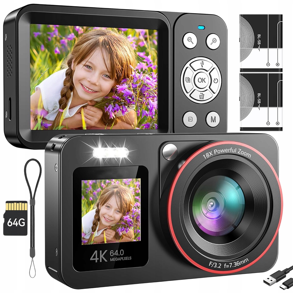 Digitální Fotoaparát 4K 64MP 18X Paměťová Karta 64GB Ideální Dárek Pro Děti