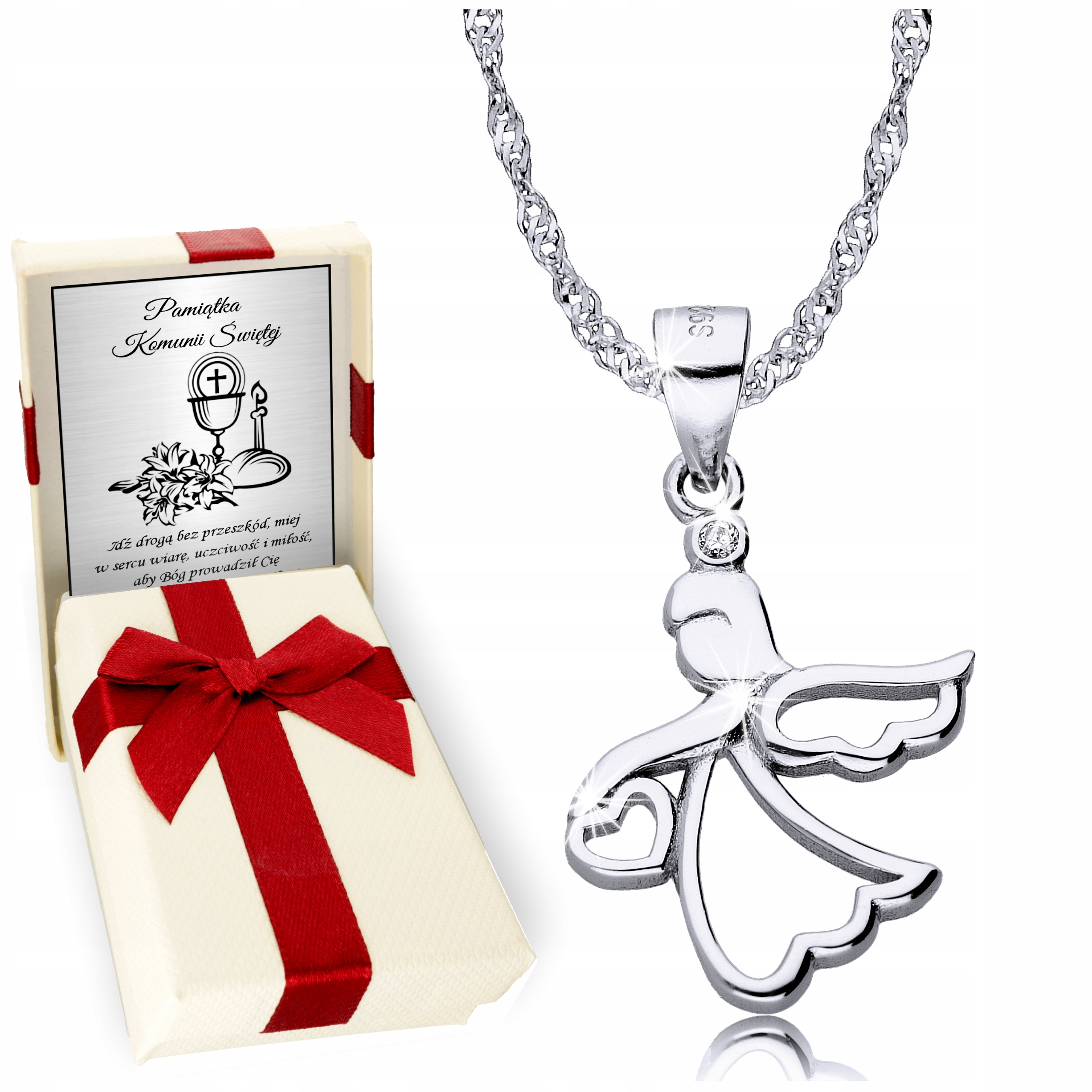 Srebrny Łańcuszek 925 Medalik Aniołek Komunia Chrzest Grawer