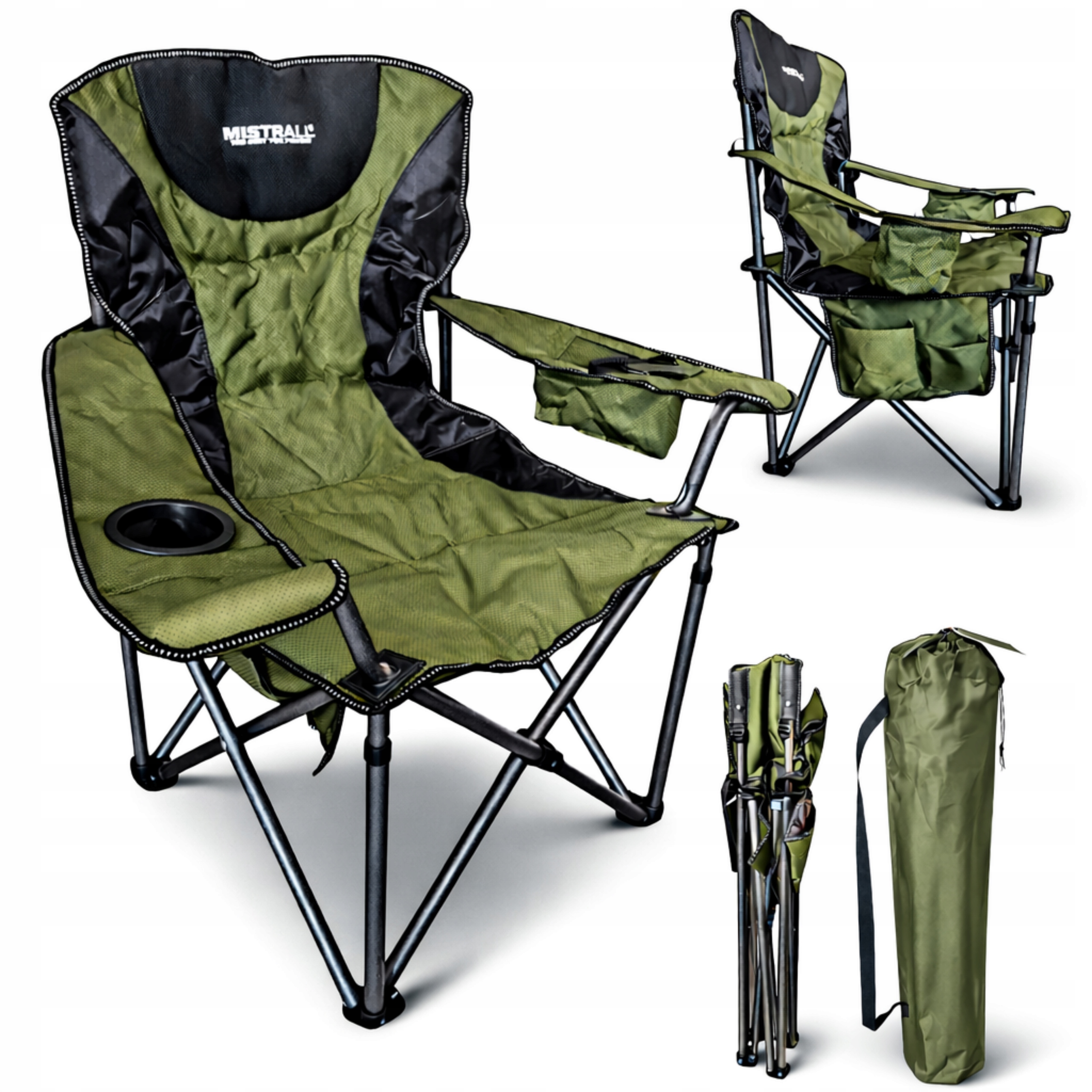 Fotel Wędkarski Mistrall Składany Krzesło z Kieszenią i Uchytem na Kubek