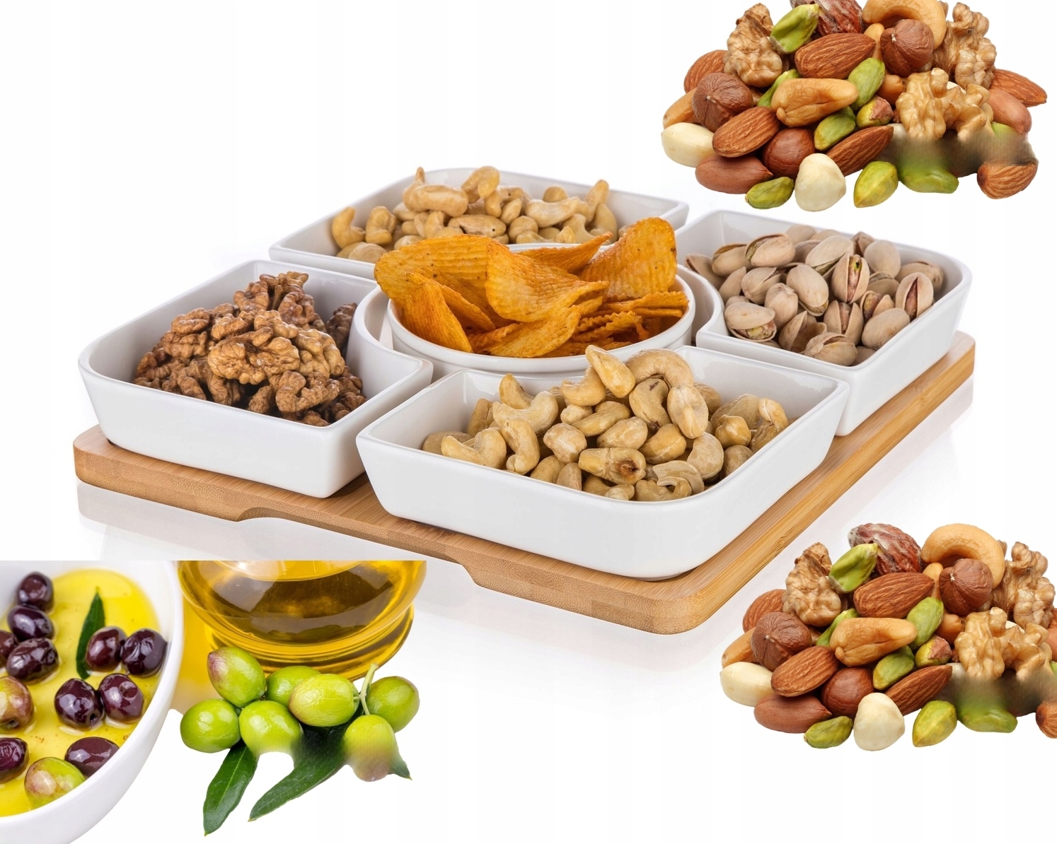 Salátová Mísa Na Bambusu jako Dárek k pochutinám olivy oříšky jídlo Vánoce