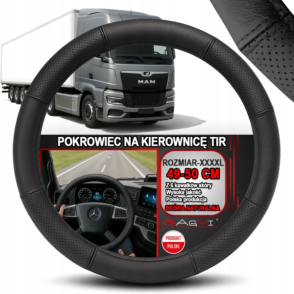 Nakładka Na Kierownicę Tir Półperforowany Pokrowiec Czarna Skóra 49-50 CM