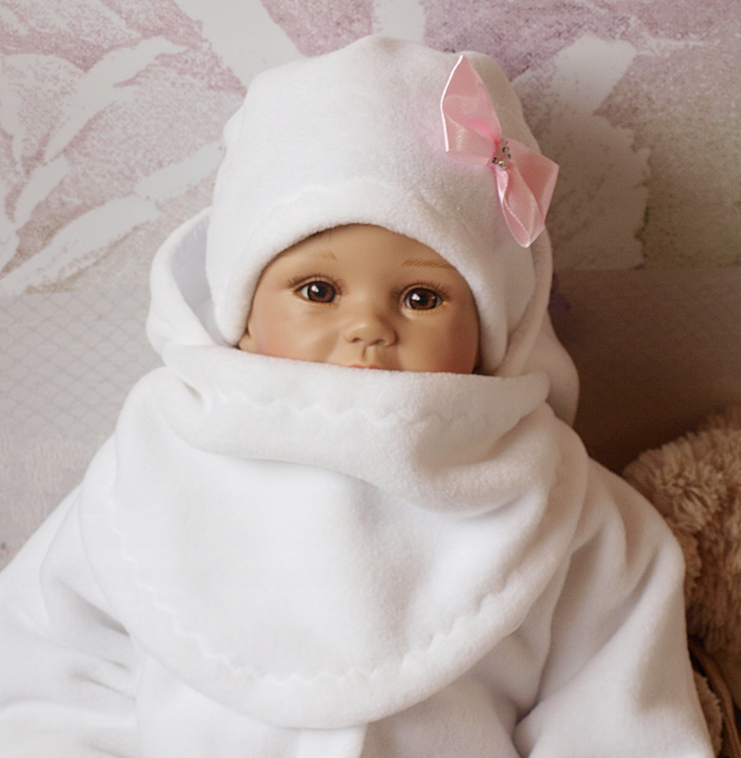 BIAŁY CIEPŁY ZESTAW CZAPECZKA I CHUSTA KOKARDKA 80