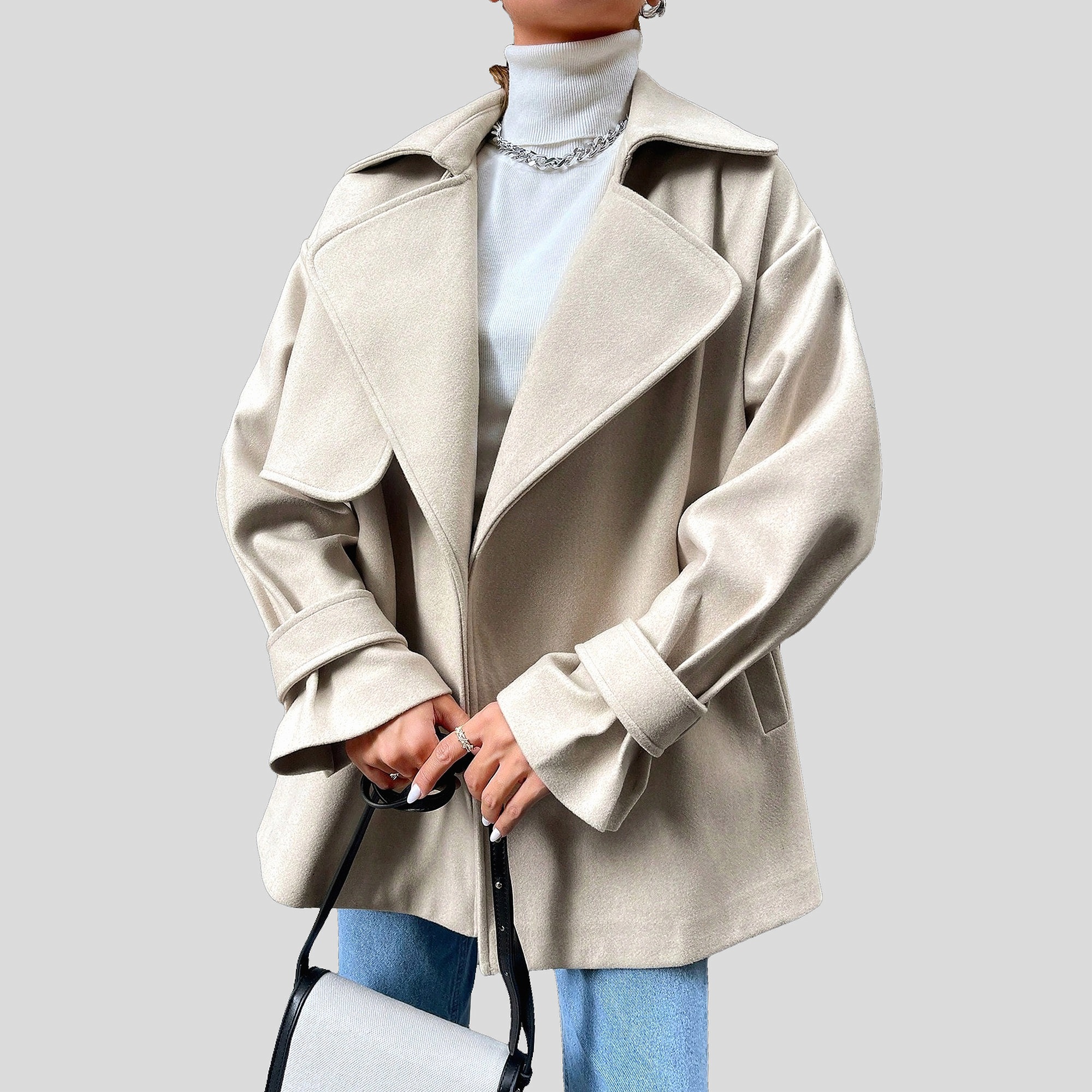 Dámský Kabát Oversize Bavlněný Béžový Do Beder S Límecem Casual L