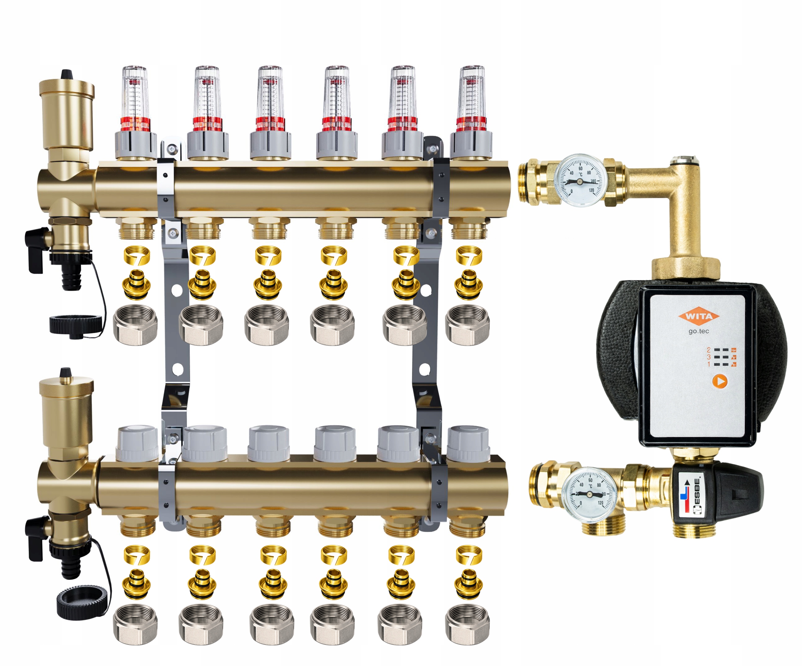 Rozdělovač pro podlahové topení 6 sekcí Spojky Pex Čerpadlo Wita