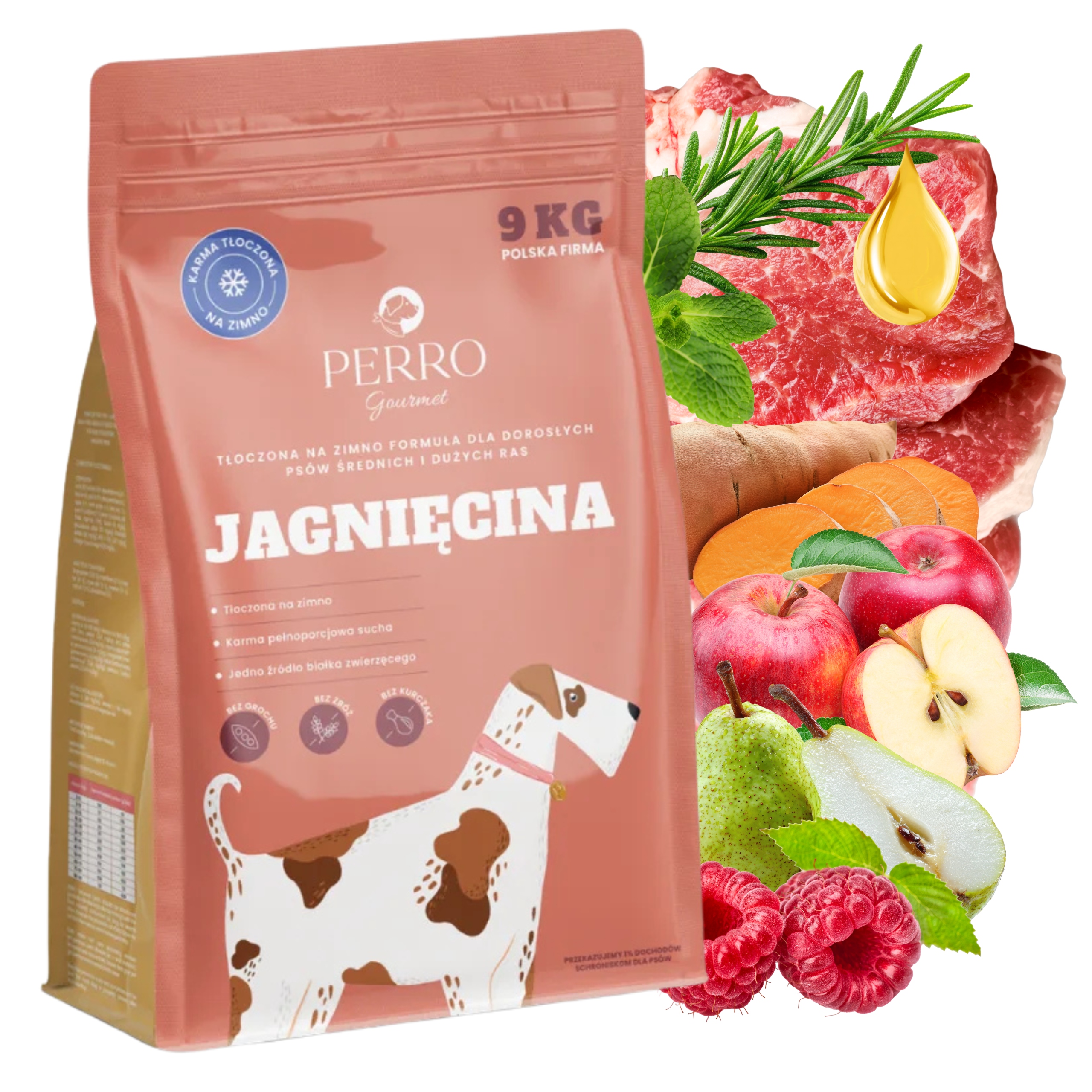 Suché krmivo pro psy lisované za studena Perro Gourmet Jehněčí M/L 9 kg