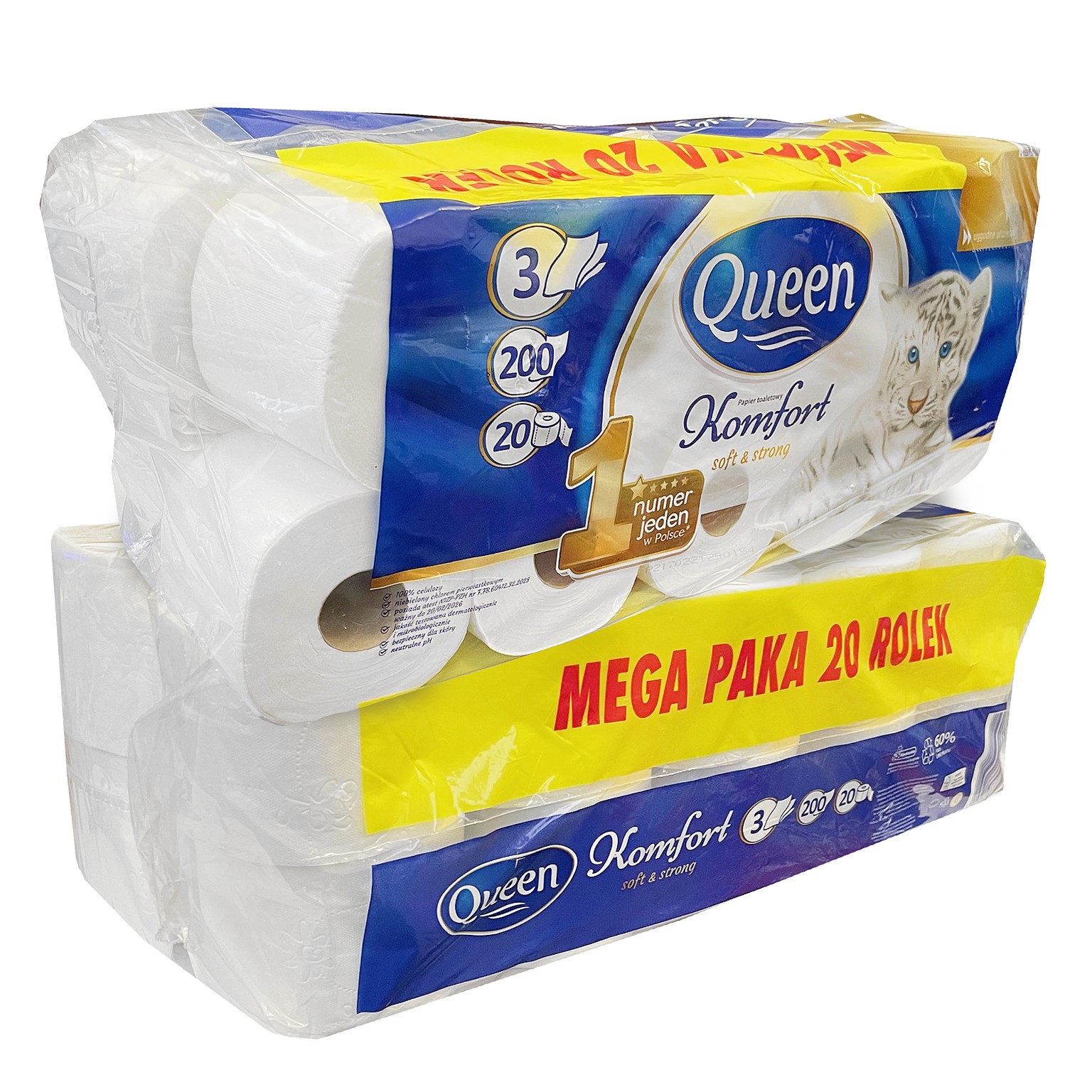 PAPIER TOALETOWY QUEEN 20 ROLEK 3 WARSTWOWY BIAŁY SOFT&STRONG 200 LISTKÓW
