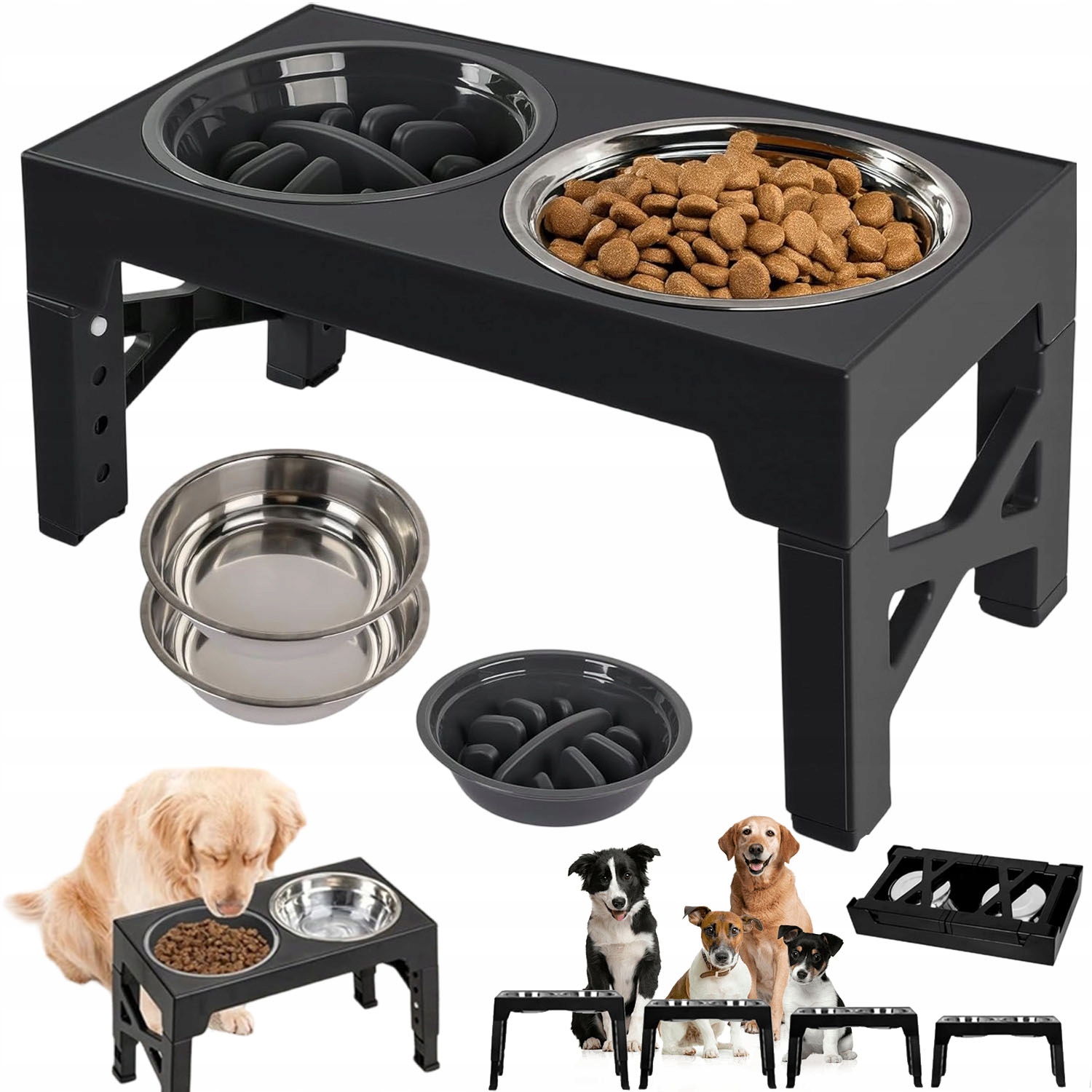 Levně Miska Na Stojanu Pro Psy A Kočky S Miskou Zpomalující Jídlo, Nastavitelná