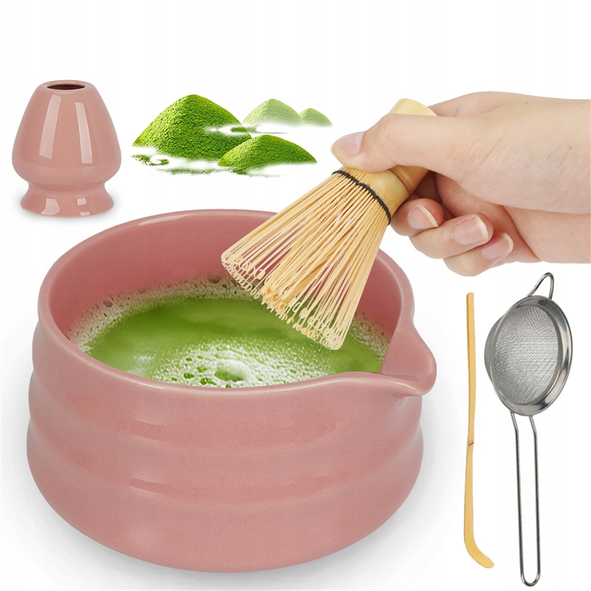 Keramická sada pro matcha v barvě s filtrem a stojanem na šlehací metlu
