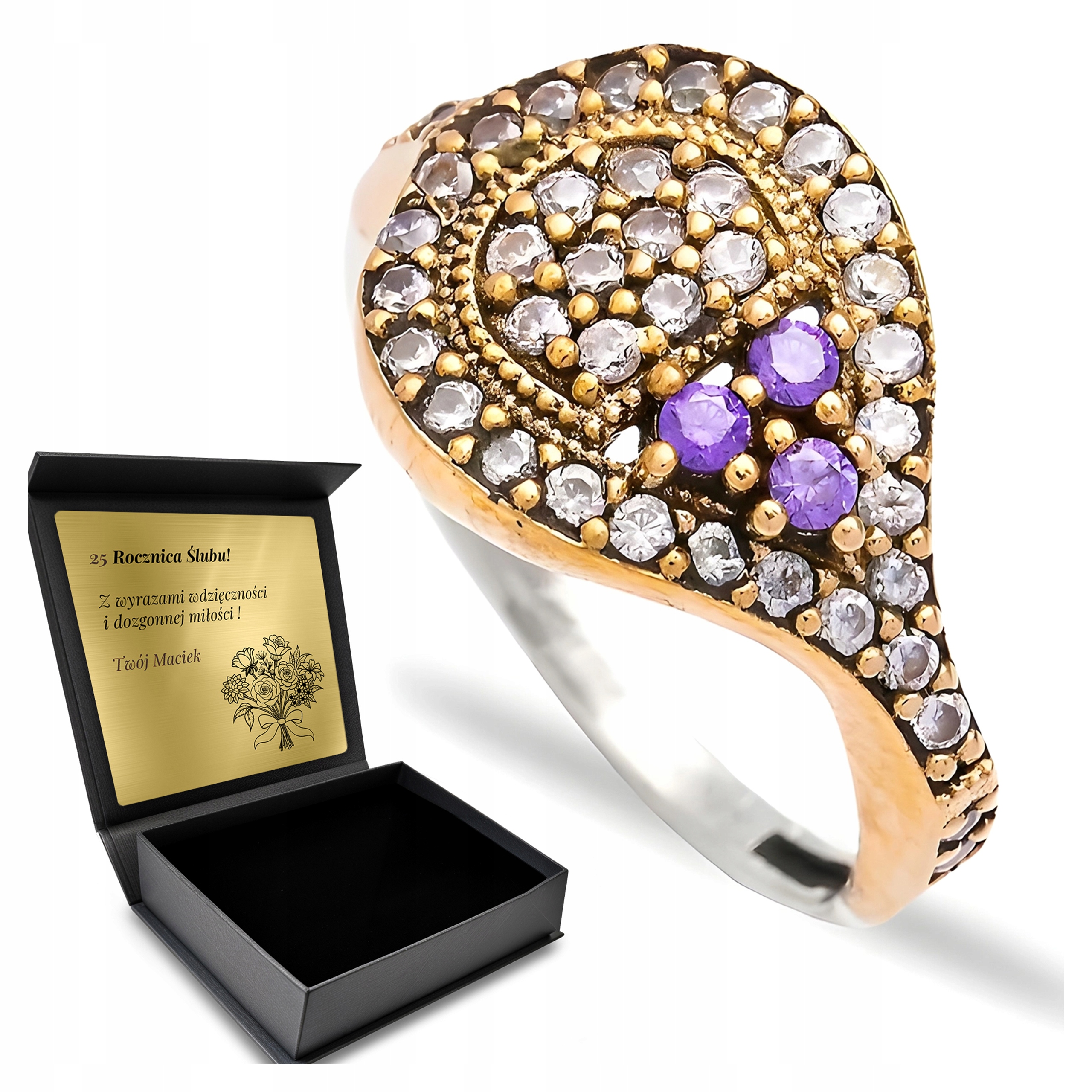 Prstýnek Srerbny 925 Zirkony Ametyst Dárek na Valentýna Gravírování