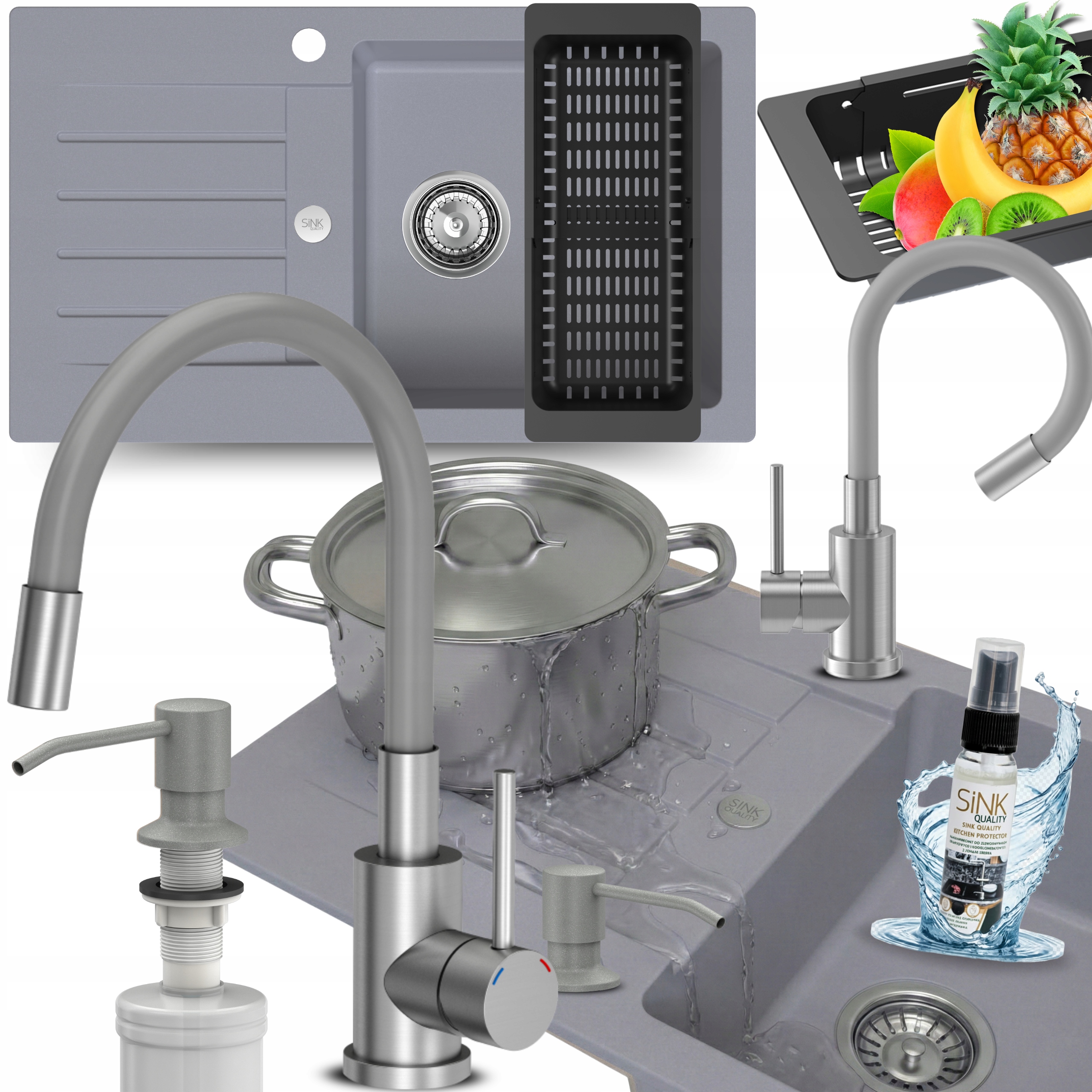 Granitový drez šedý Jednokomorový S Odkvapkávačom, umývadlo s Batériou 10v1