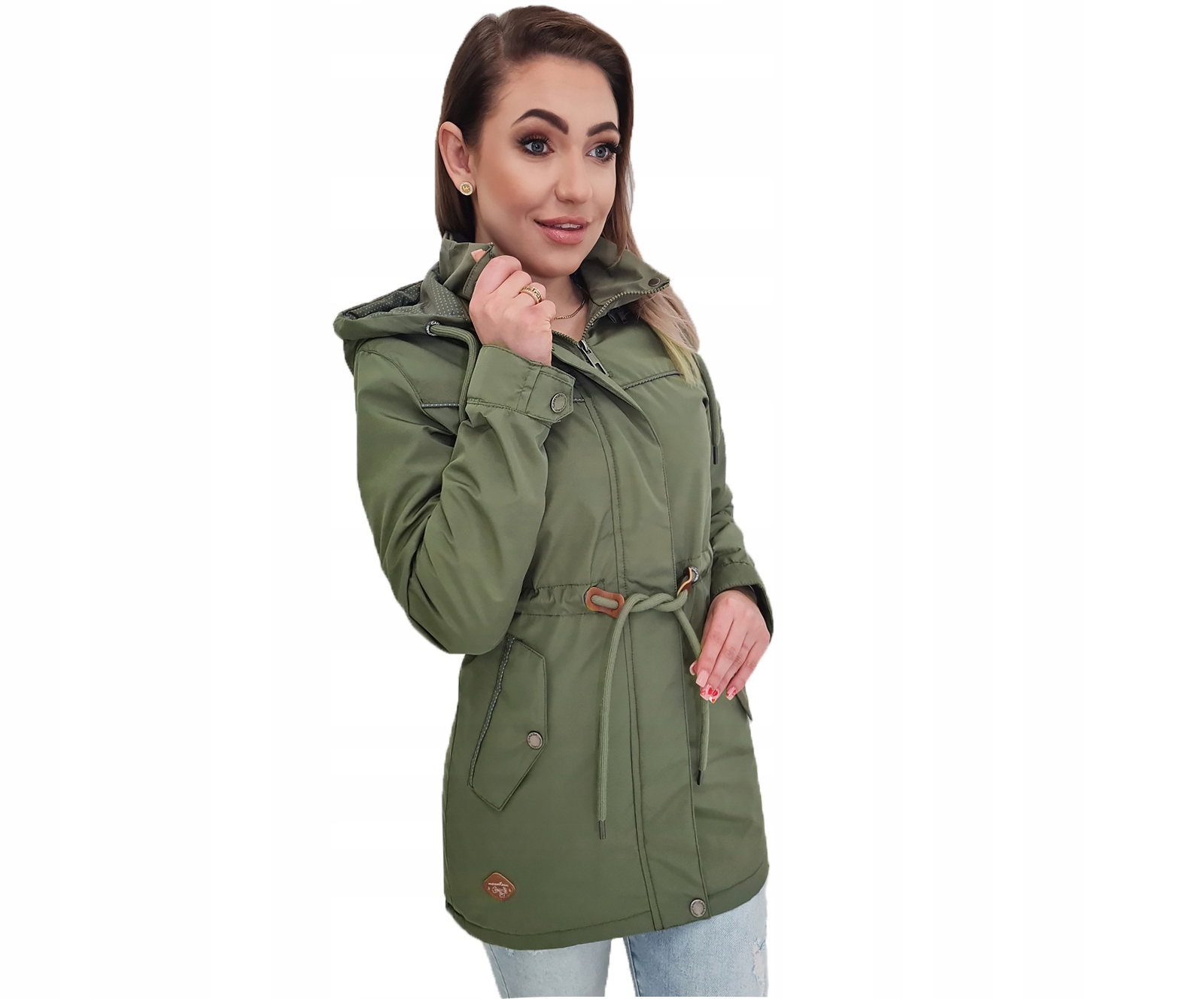 PRZEJŚCIOWY TALIOWANY PARKA PŁASZCZ Z KAPTUREM XXL Wzór dominujący bez wzoru