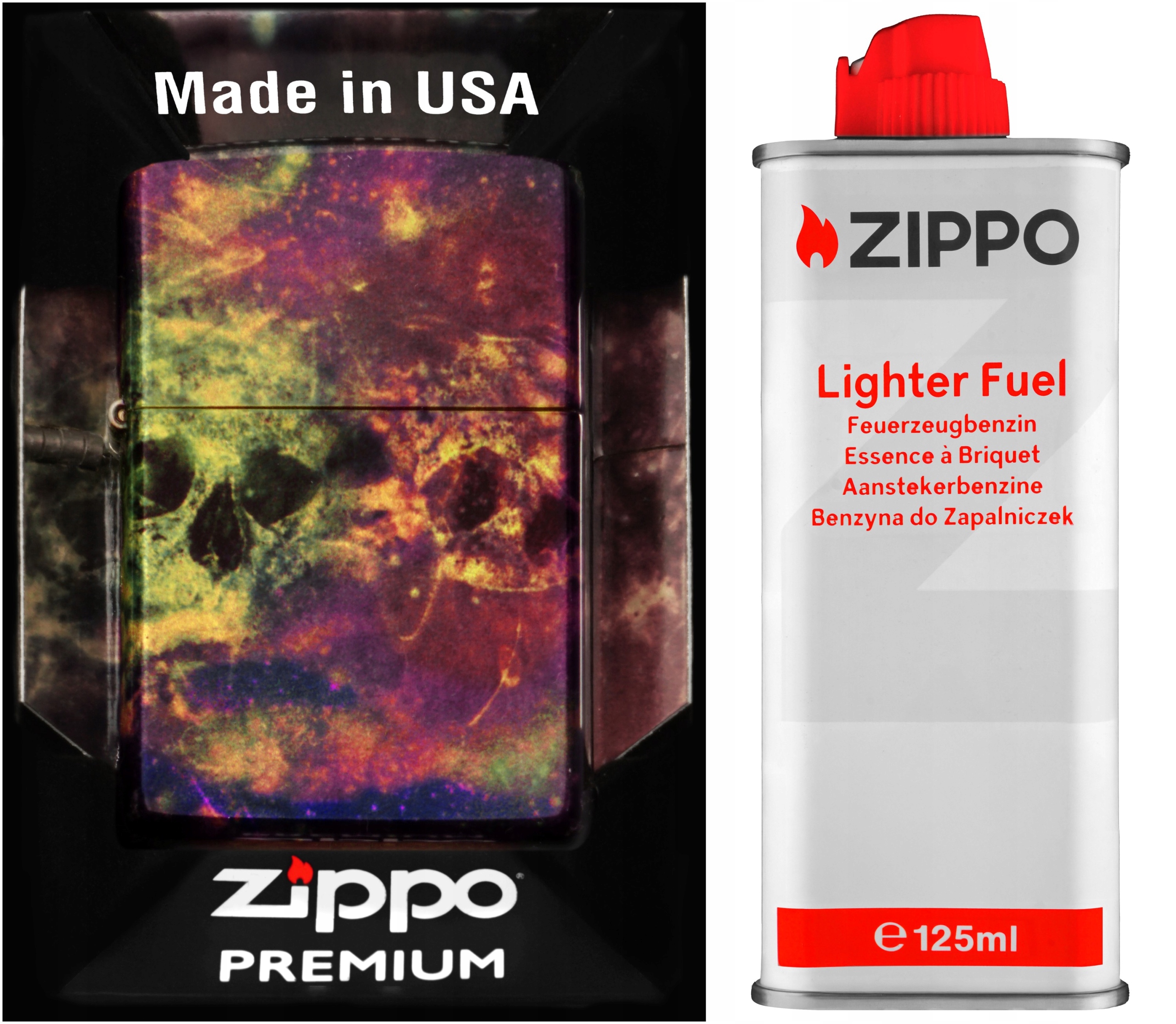 Sada Zippo Zapalovač Galaxy Skull Design Benzín 125 ml