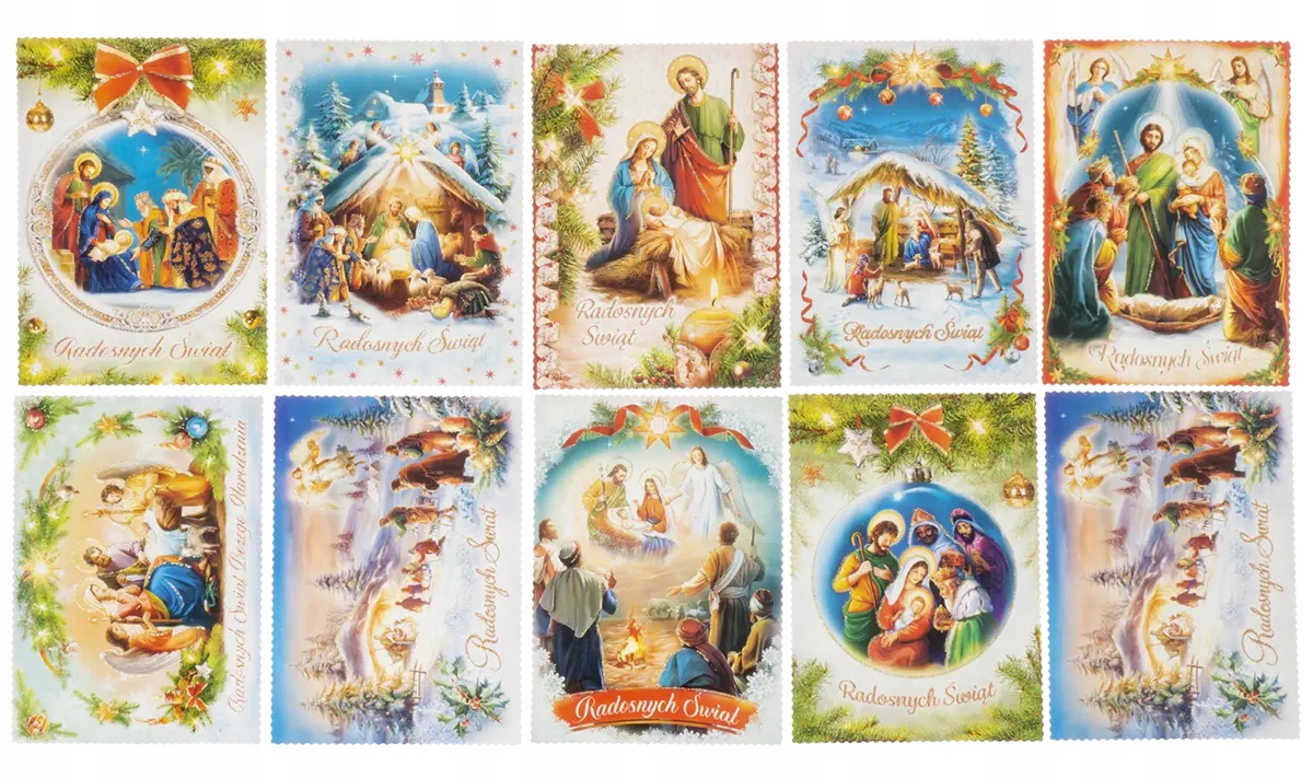 Zestaw 10 szt pocztówki na Boże Narodzenie kartki świąteczne z brokatem