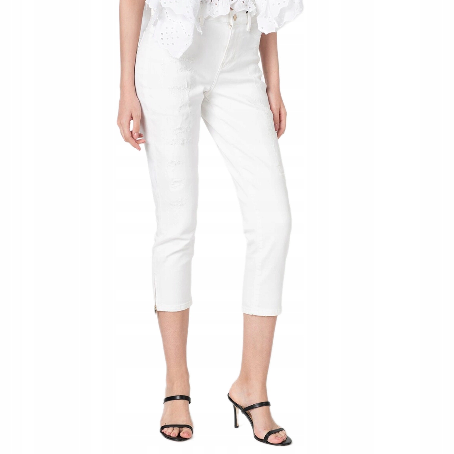 Dámské kalhoty Guess s vysokým pasem džínové bílé 3/4 skinny W24