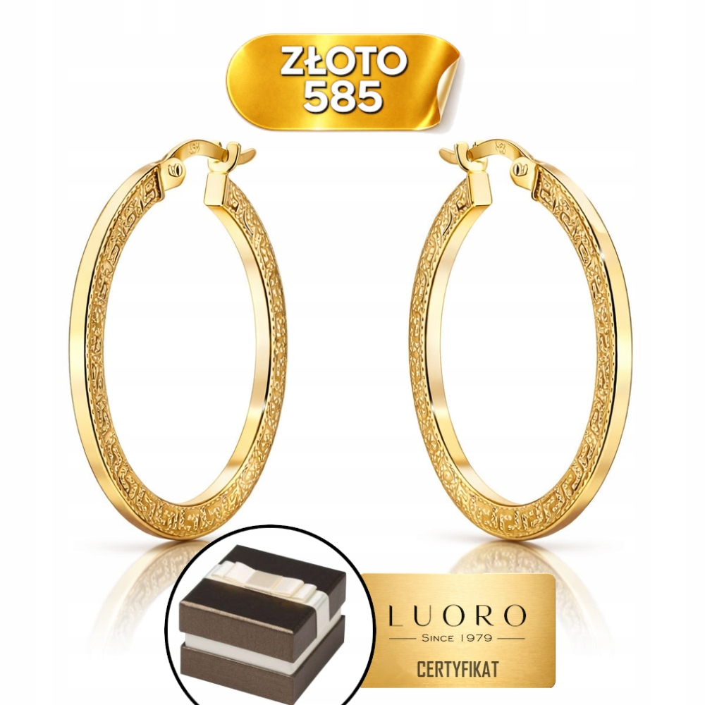 Náušnice Zlaté 585 14K Kolečka S Řeckým Vzorem 2,1 CM Krabička Dárek