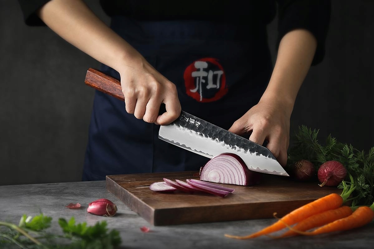 HEZHEN Profesjonalny Nóż Kiritsuke 21,5CM Stal Japońska Uchwyt Redwood — miniatura 9