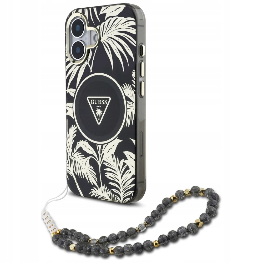 Pouzdro Guess Palm Trees Triangle Pearl Strap MagSafe pro iPhone 16, černé