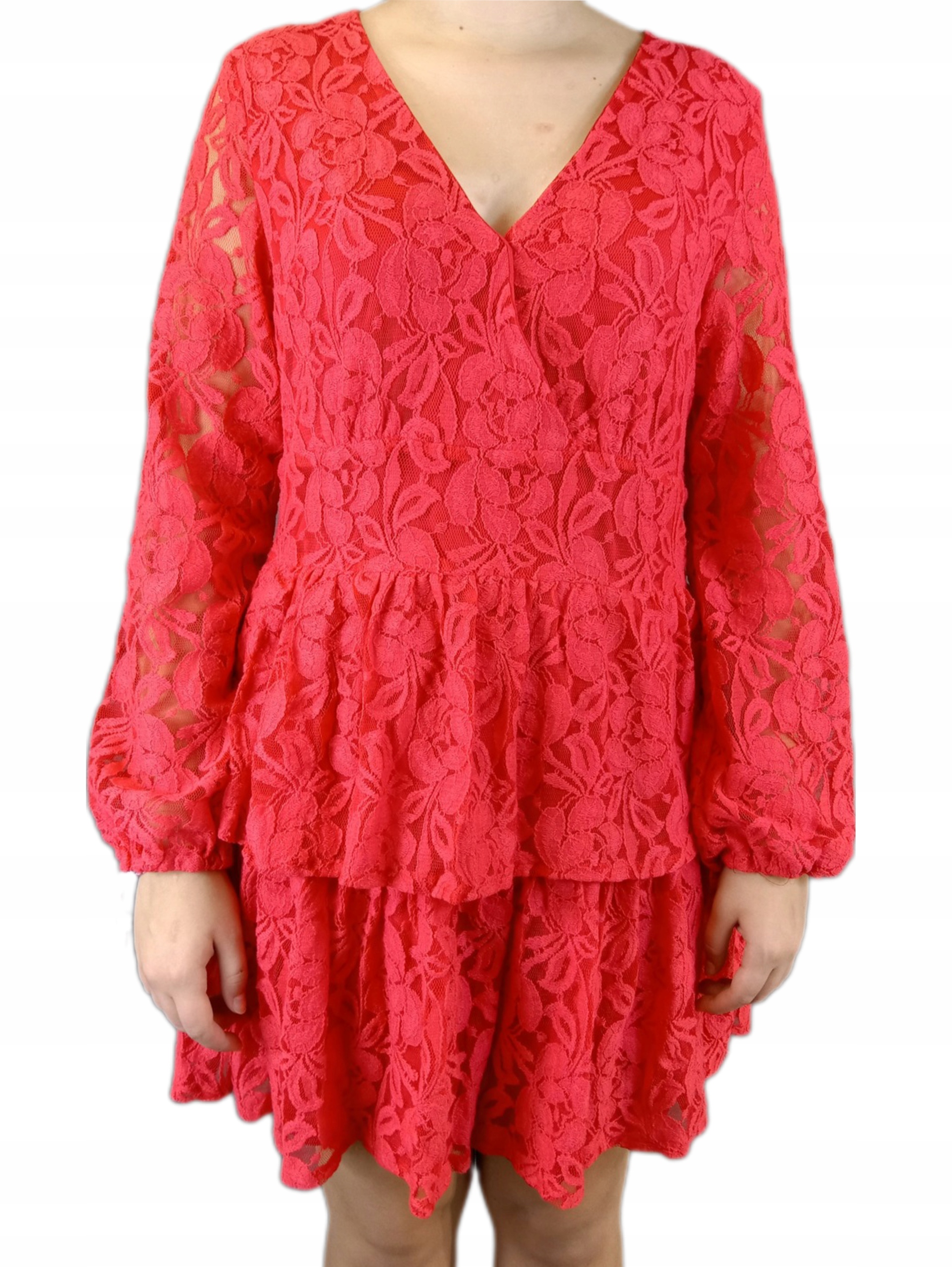 Šaty červená krajka velký výstřih BOOHOO r.44 za 967 Kč od Chocianów -  Allegro - (12590444390)
