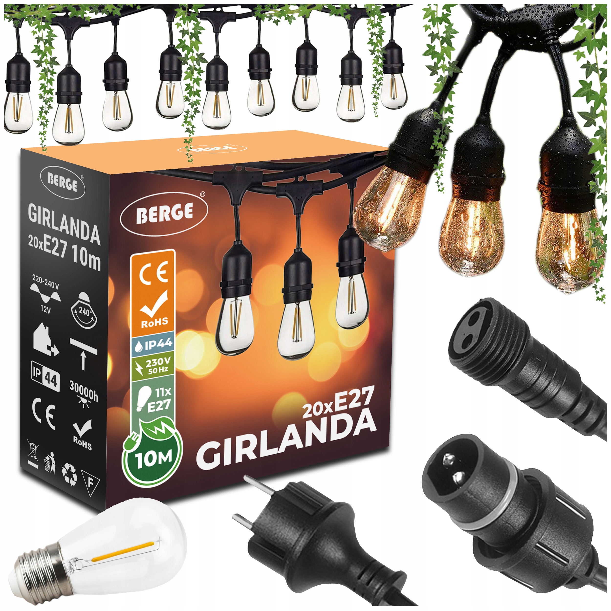 Zahradní girlanda Světelný Řetěz 10 m 20xE27 Komplet s Led žárovkami Berge