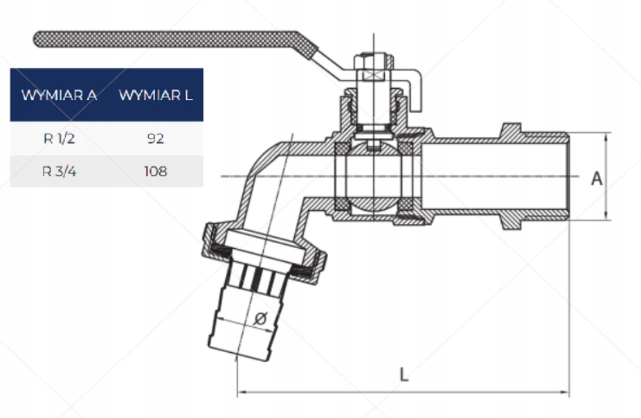 Zawór kulowy z dławikiem 3/4 kran ogrodowy Średnica przyłącza 3/4''