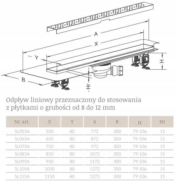 Odpływ liniowy 55 cm do płytek 8-12 mm RADAWAY Szerokość produktu 8 cm