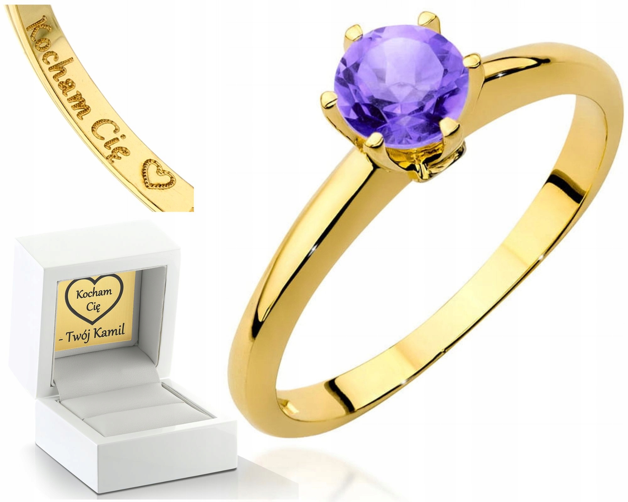 Zlatý Prstýnek S Ametystem A Brilianty Gravírování