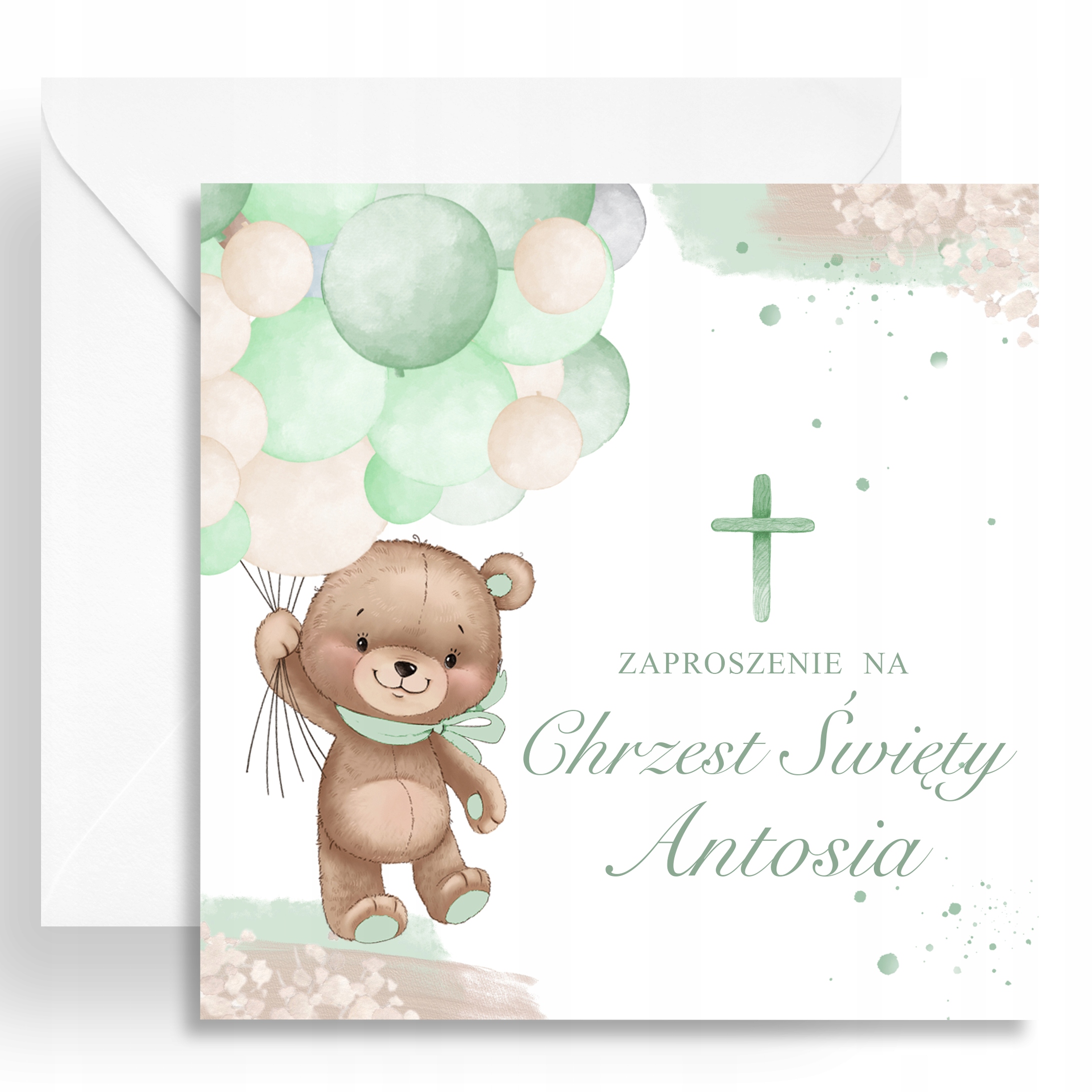 Zaproszenia na Chrzest Chrzciny zaproszenie Baby Mint Bear Imię Koperta