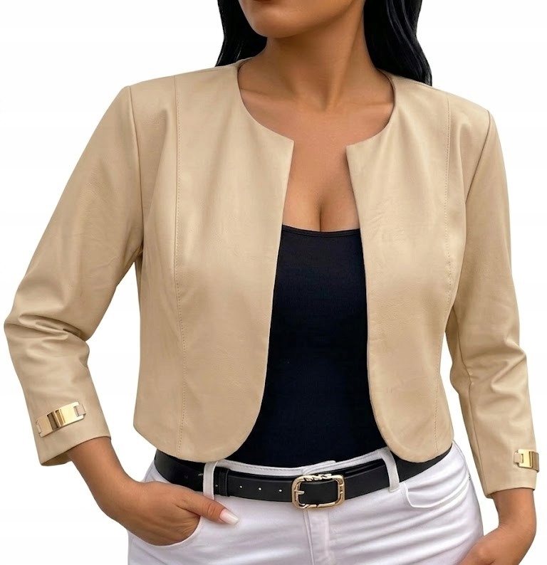 Żakiet krótki beżowy eko skóra marynarka narzutka bolerko złote blaszki 52