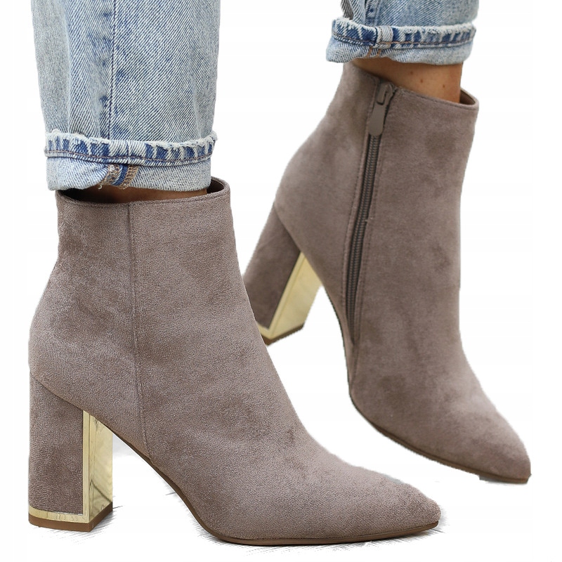 Béžově šedé zateplené dámské kotníkové boty se semišovou špičkou, zlatý podpatek, sloupek