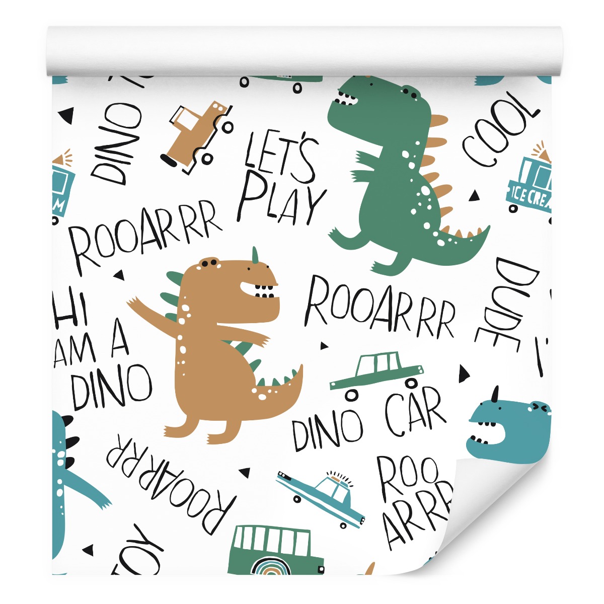 Tapeta do pokoje chlapce Dinosauři auta auta