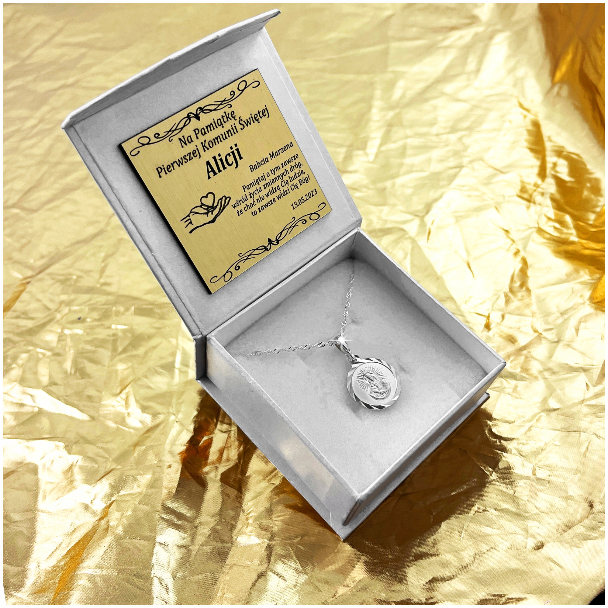 SREBRNY ŁAŃCUSZEK SINGAPUR + MEDALIK 925 MATKA BOSKA OSTROBRAMSKA + GRAWER Kolor srebrny
