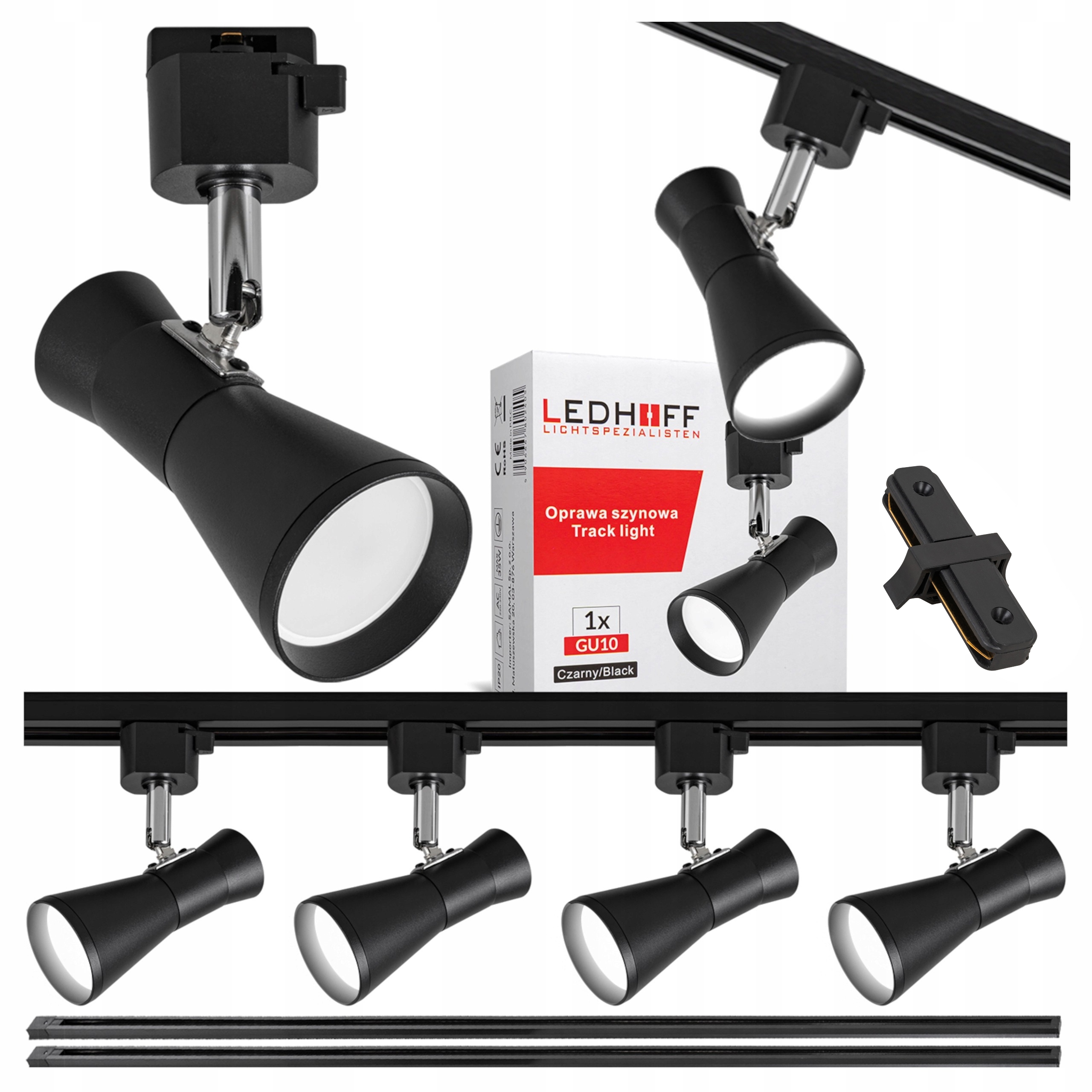 Sada Led kolejnicový Reflektor lampa GU10 x4 Kolejnicový Kabel 2x 1 m černá