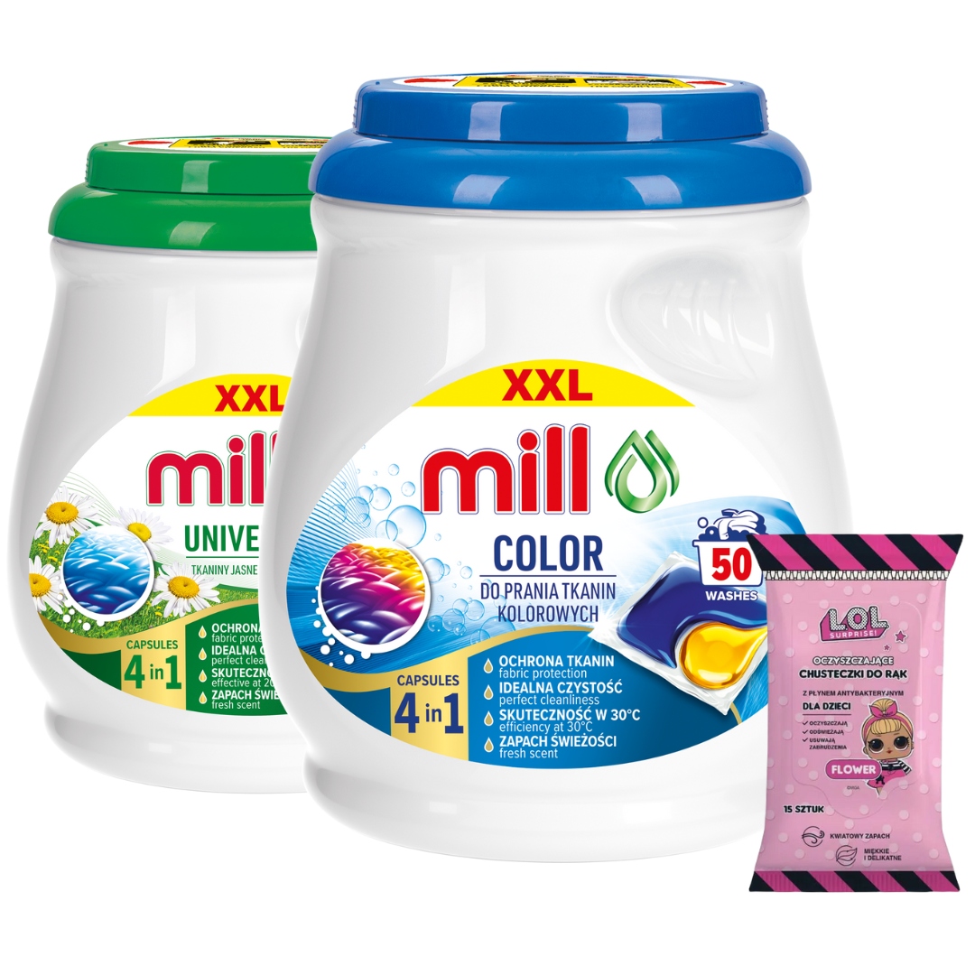 Kapsle Mill Pro na praní bílého a barevného prádla 100 ks Dárek