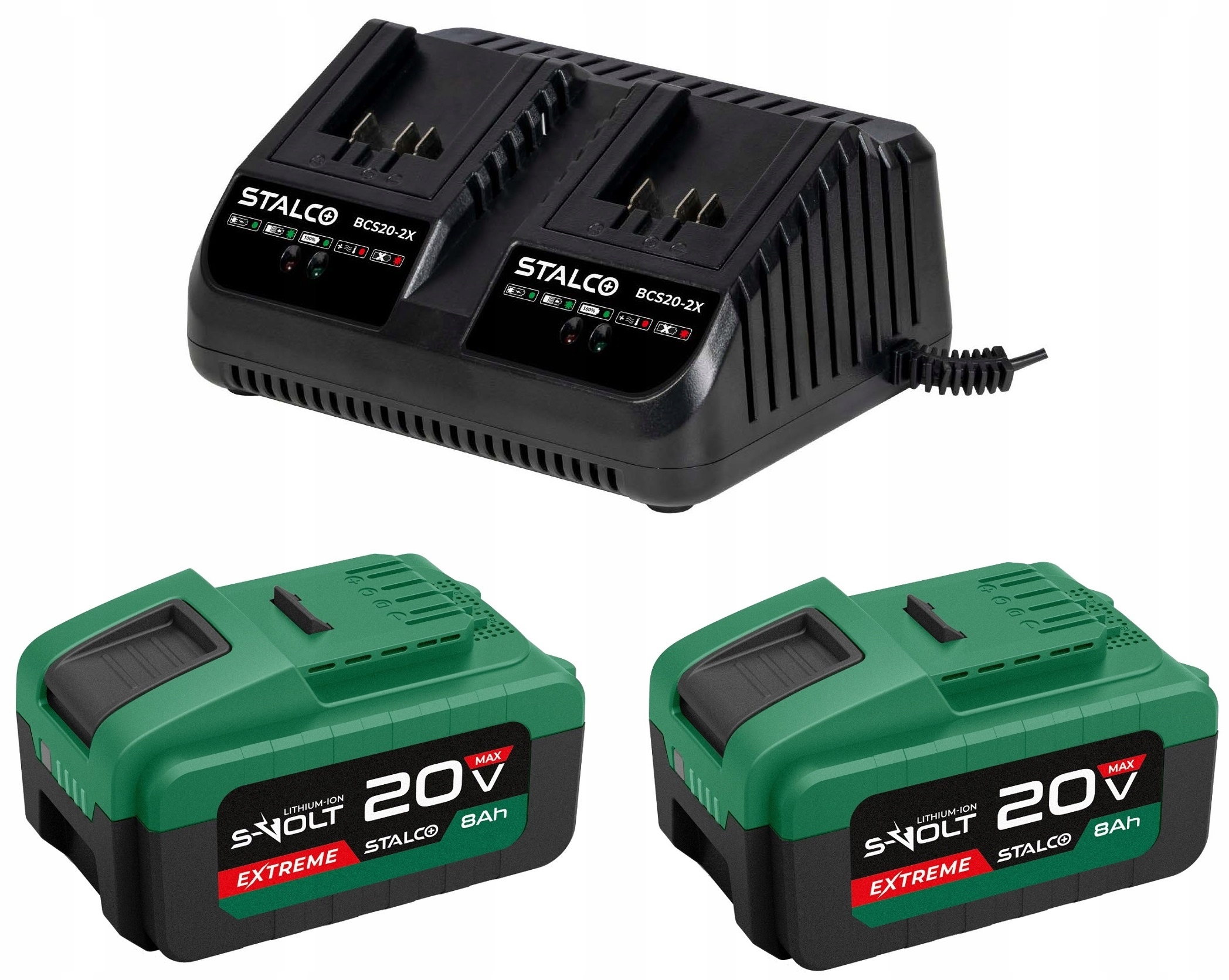 AKUMULATORY x 2 szt 8Ah 20V + ładowarka podwójna DUO system S-VOLT EAN (GTIN) 5904012183698