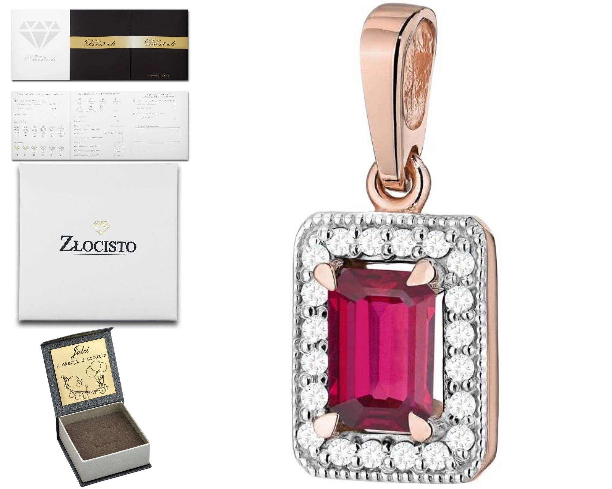 Růžové Zlato Přívěsek Přírodní Kámen Krvavý Rubín Brilianty 585 Dárek