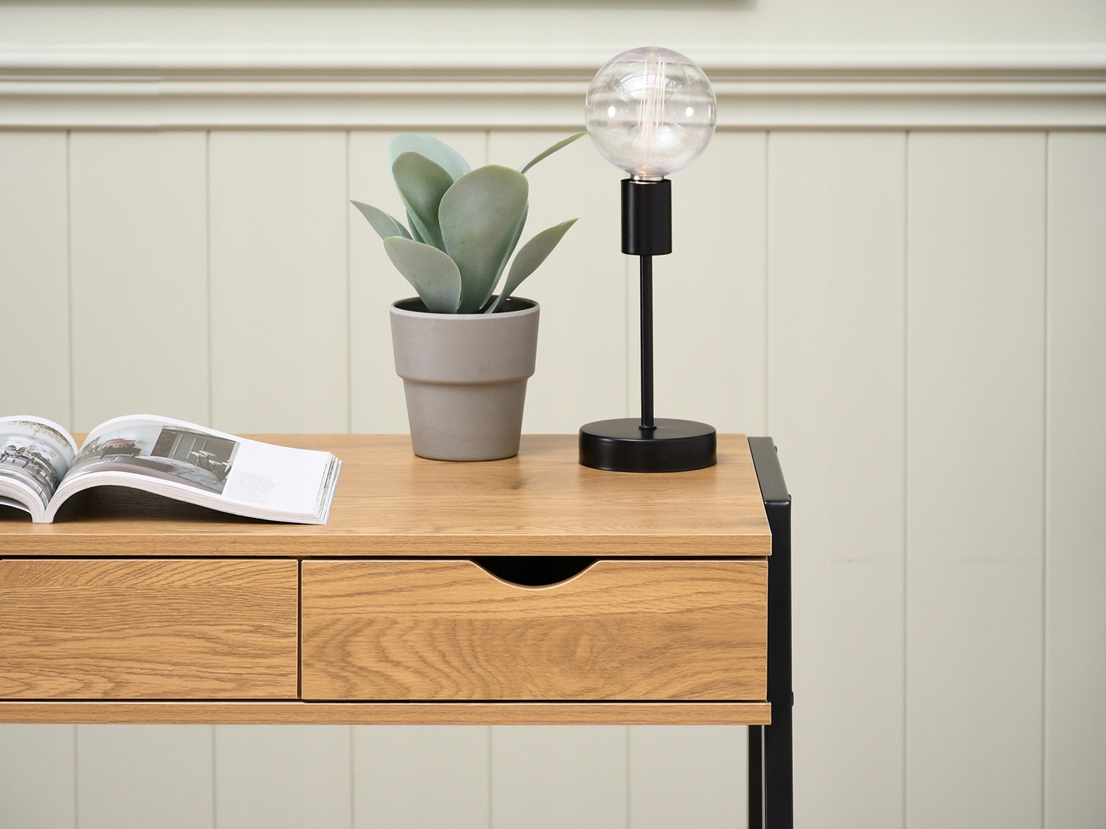 MAŁE DĘBOWE BIURKO KONSOLA LUND 100 2 SZUFLADY NA CZARNYCH NOGACH Z METALU Szerokość mebla 100 cm