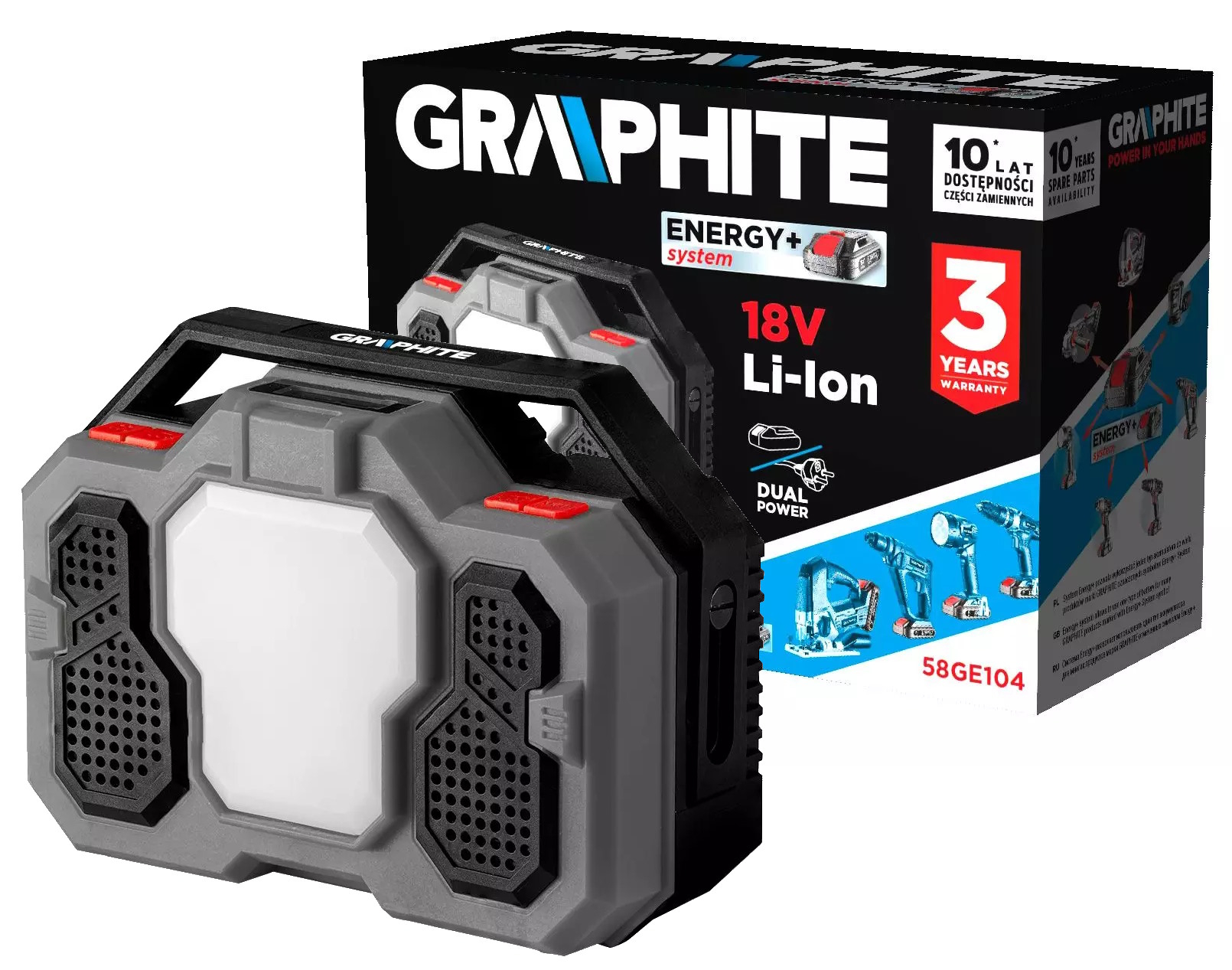 Síťové akumulátorové rádio Energy+ 18V Li-lon s Led svítilnou Graphite