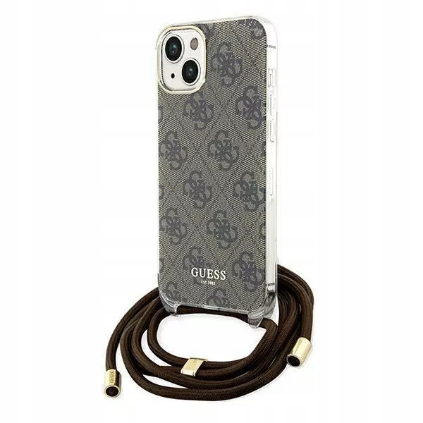 Pouzdro pro iPhone 15 Guess Crossbody Cord 4G Print hnědé