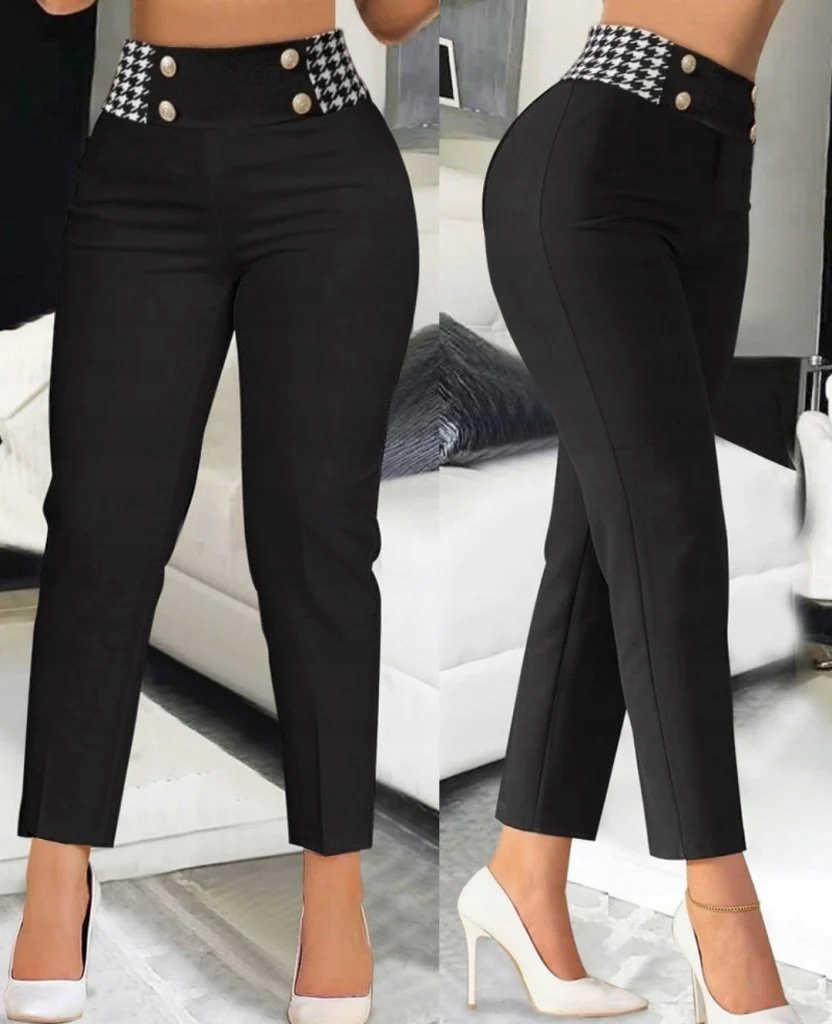 Damskie Spodnie Z Krepy We Wzór W Pepitkę I Ozdobnymi Guzikami Czarny / 2XL Marka inna