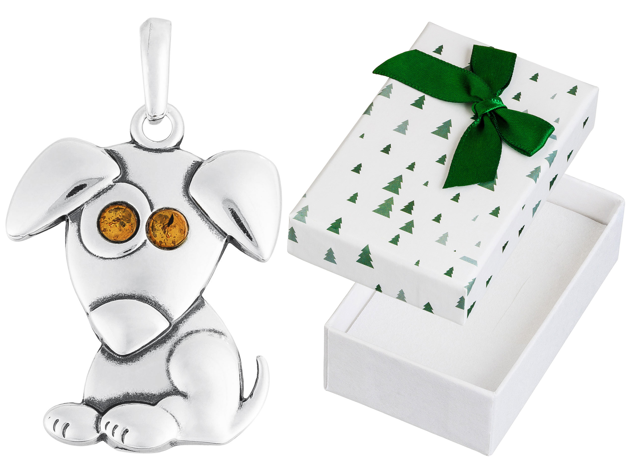 Stříbrný přívěsek Pejsek s jantarem Velký Oxidovaný Přívěsek Pes Stříbro