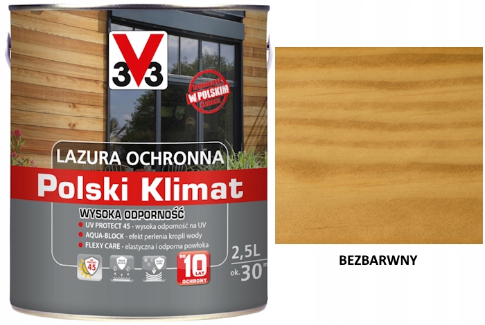 Lazura V33 Polský Klima 10 let 2,5 L odolná Bezbarvý satén