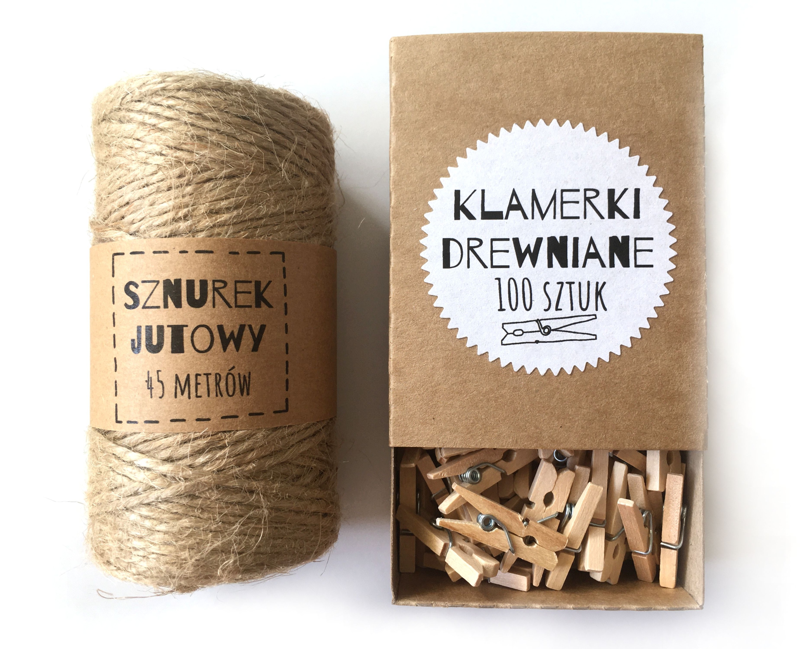 

Sznurek jutowy 45m klamerki drewniane 2,5cm 100szt