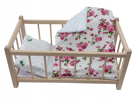 DREWNIANE ŁÓŻECZKO DLA LALEK + POŚCIEL MINKY