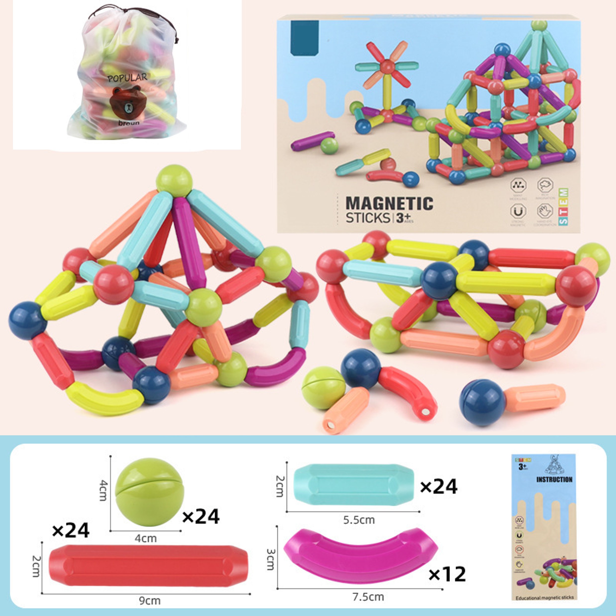 KLOCKI MAGNETYCZNE EDUKACYJNE MAGNETIC STICKS XXL Materiał metal