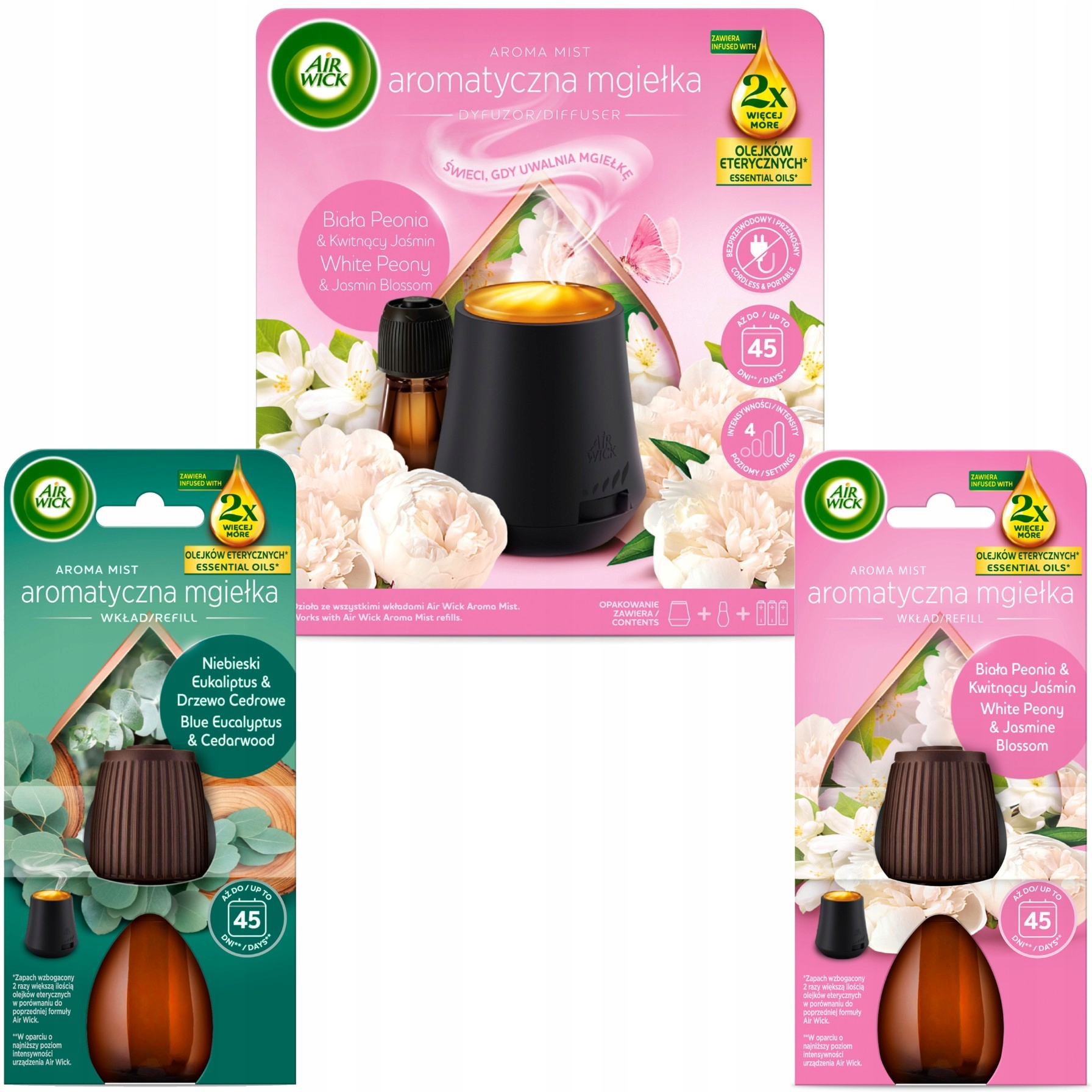 Levně Air Wick Mlha Komplet Bílá Pivoňka Kvetoucí Jasmín Náhradní náplň 2x20 ml