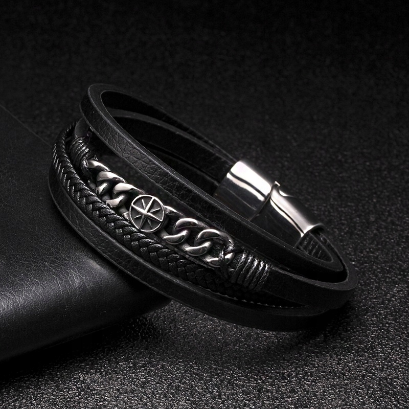 BRANSOLETKA MĘSKA SKÓRZANA Z KOMPASEM ELEGANCKA CZARNA ZE SKÓRY STAL 316L Marka Inna marka